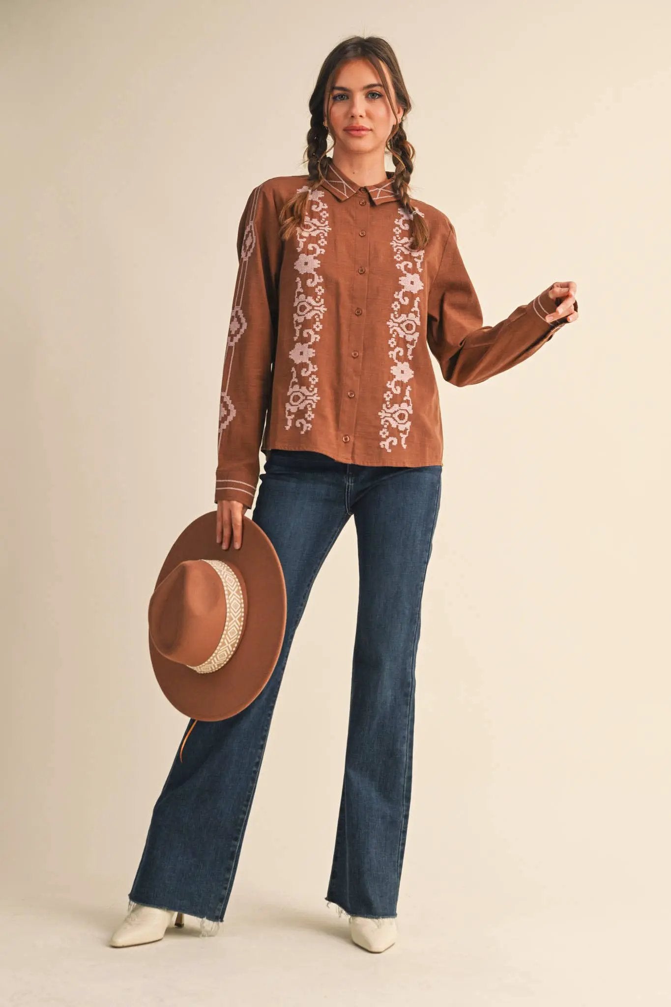&MERCI &merci - Embroidered Button-Up Top in Mocha Brown - Blouses