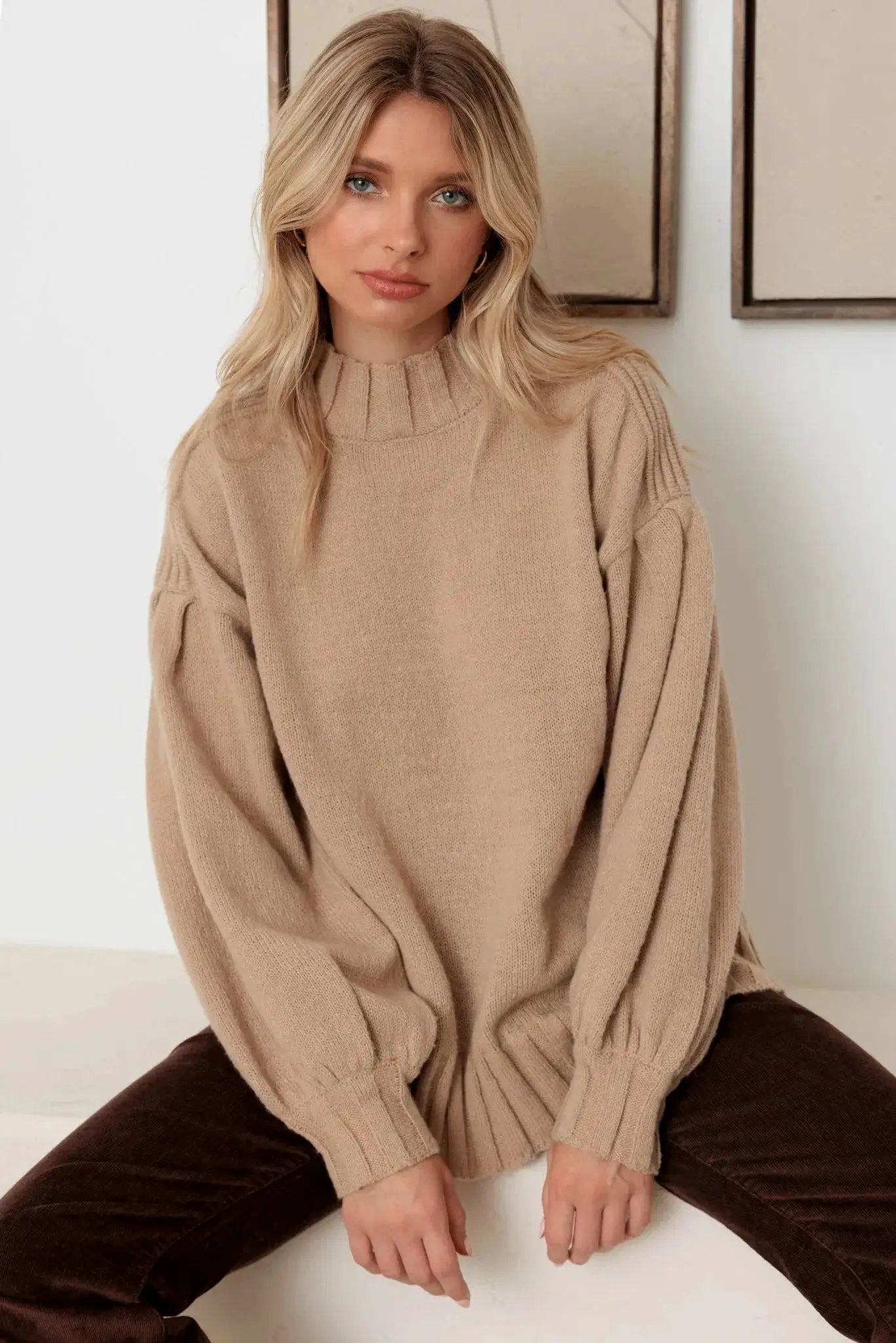 New In Light Mocha Knit Crew Neck Long Puff Sleeve Sweater - Sweaters