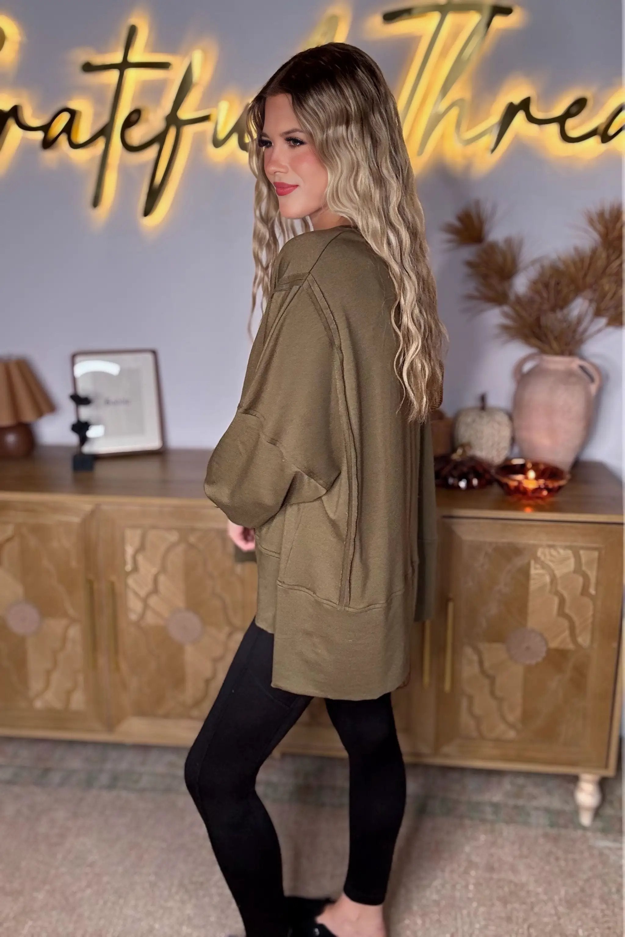 Grateful Threads Boutique Olive You Forever Oversized Top - Sweatshirts Top