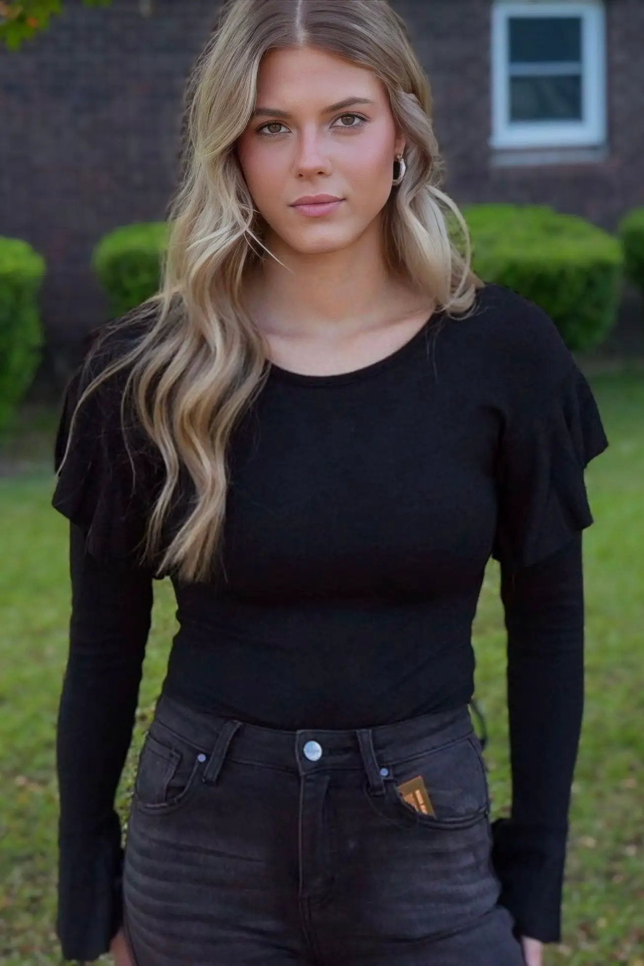 Grace & Emma Black Shimmer Bodysuit with Ruffle Shoulder Sleeve - Bodysuits