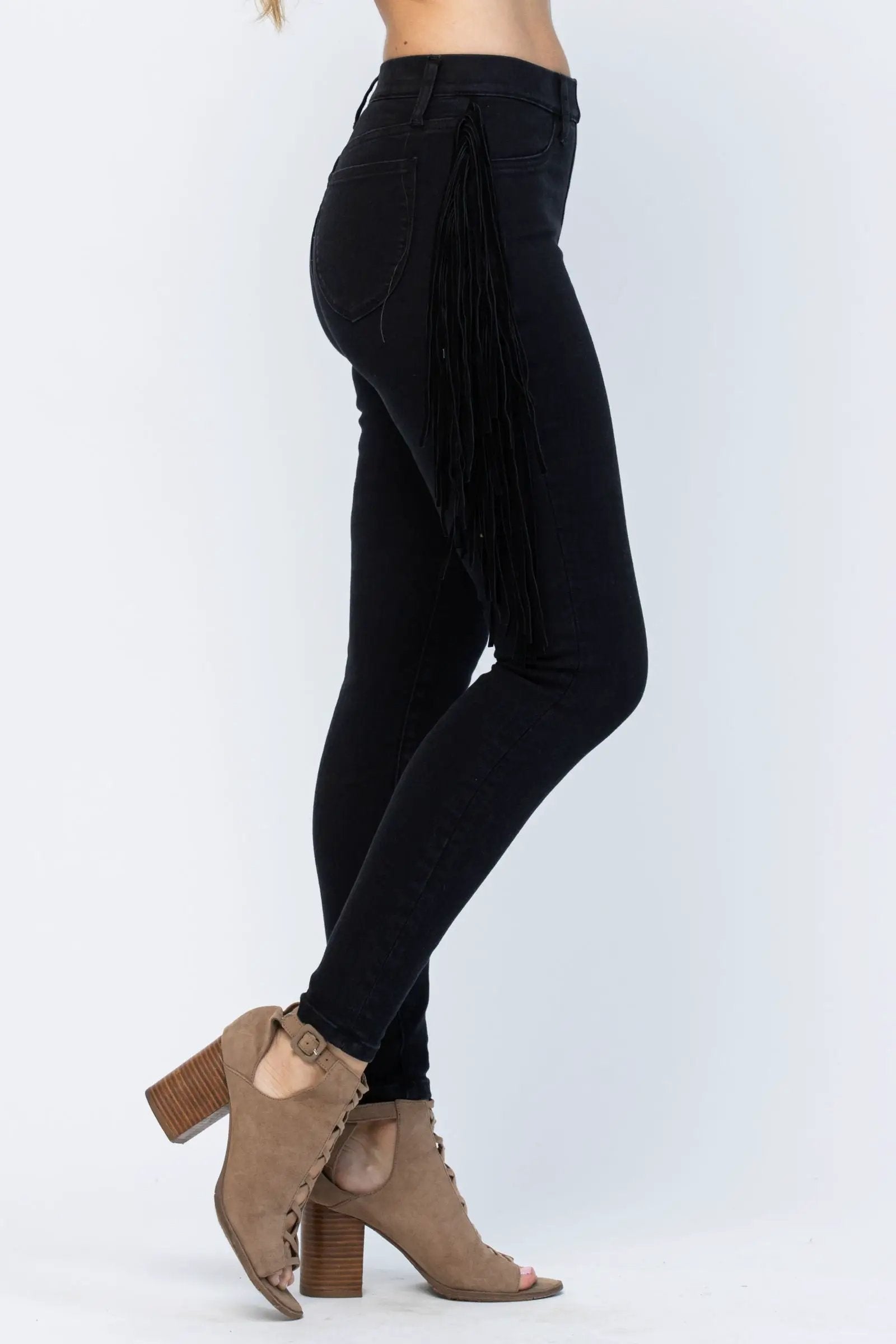 Judy Blue The Side Fringe Skinny Mid Rise Jegging - Jeans Judy Blue Black Jeggings with Side Fringe Skinny Leg MId Rise
