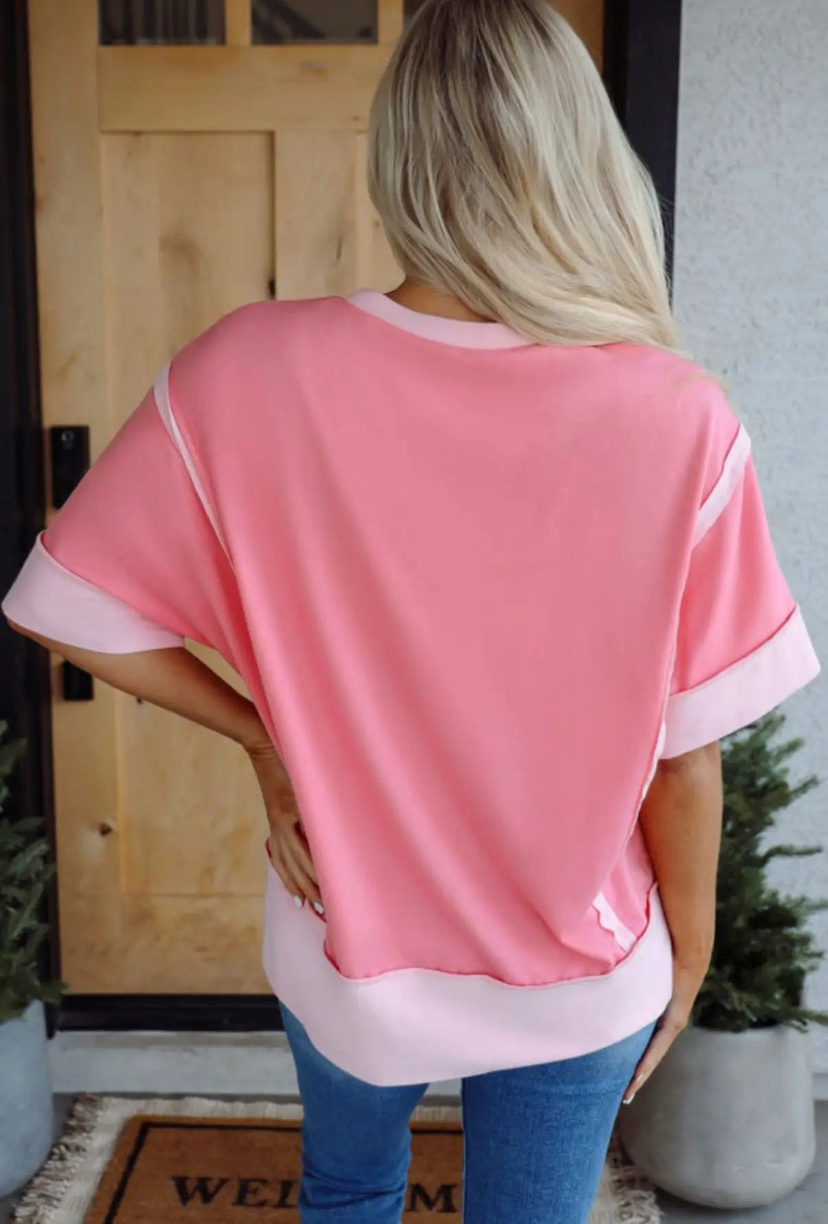 Grateful Threads Boutique Peach Blossom Half Sleeve Raw Seam High Low Side Split Top - Clothing Tops Peach Blossom Half Sleeve Raw Seam High Low Side Split
