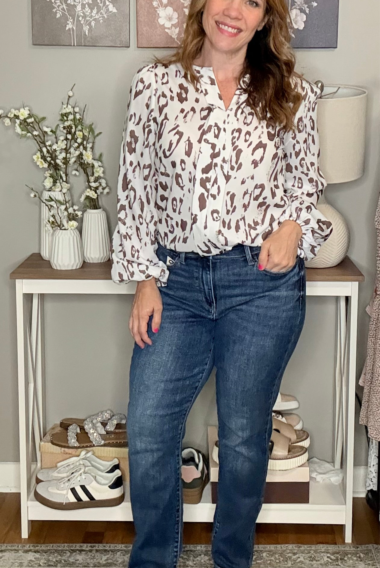 Grateful Threads Boutique Khaki Leopard Print Split Neck Balloon Sleeve Blouse - Blouses Leopard Print Balloon Sleeve Blouse