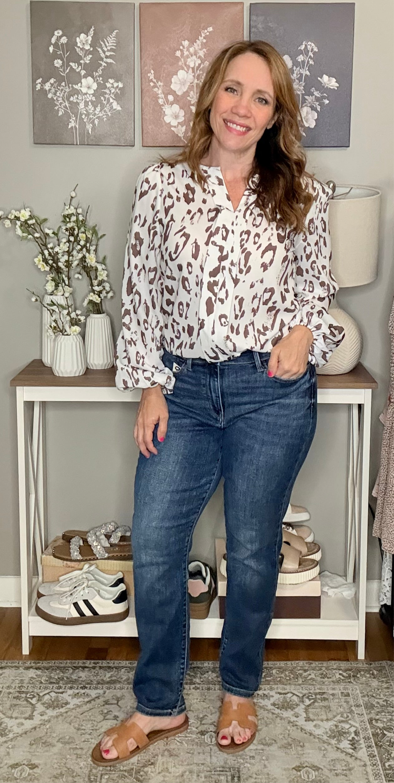 Grateful Threads Boutique Khaki Leopard Print Split Neck Balloon Sleeve Blouse - Blouses Leopard Print Balloon Sleeve Blouse
