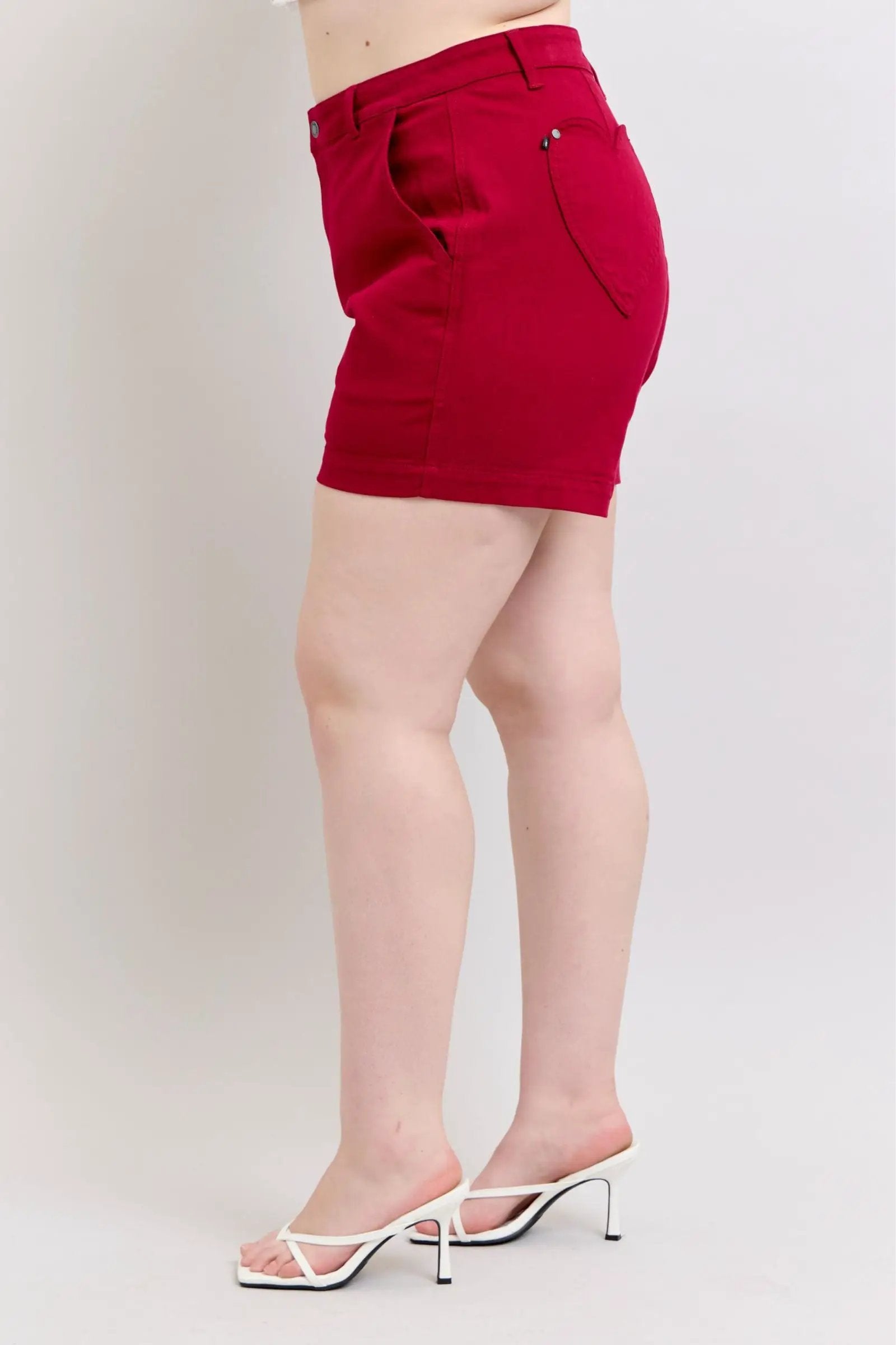 Judy Blue Judy Blue High Waist Tummy Control Garment Dyed Shorts with Heart Pockets in Scarlet PLUS - Shorts Judy Blue High Waist Tummy Control Garment Dyed Shorts with Heart Pockets in Scarlet PLUS