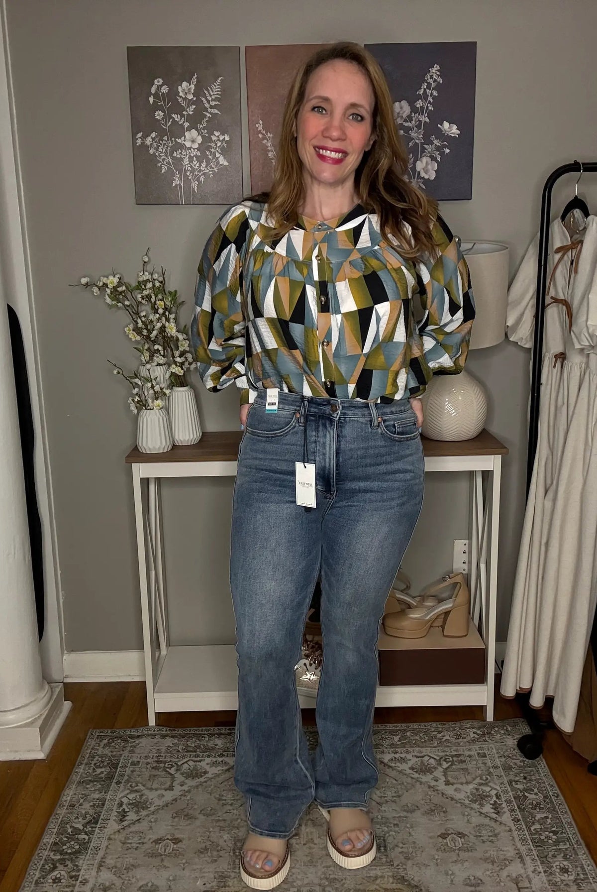 Grateful Threads Boutique Green Geometric Print Buttoned Ballooned Sleeve Blouse - Blouses