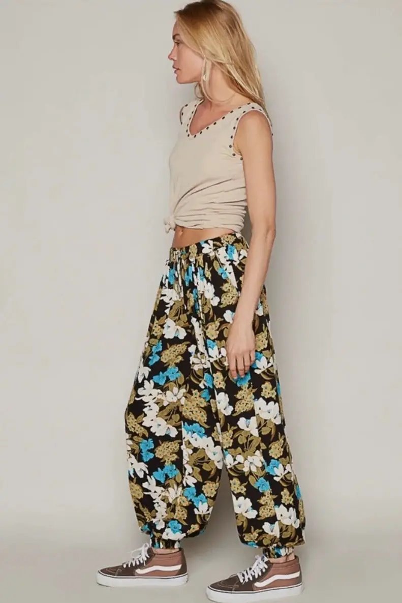 POL Adjustable Drawstring Waist Floral Print Harem Pants – Effortless Style & Comfort - Pants