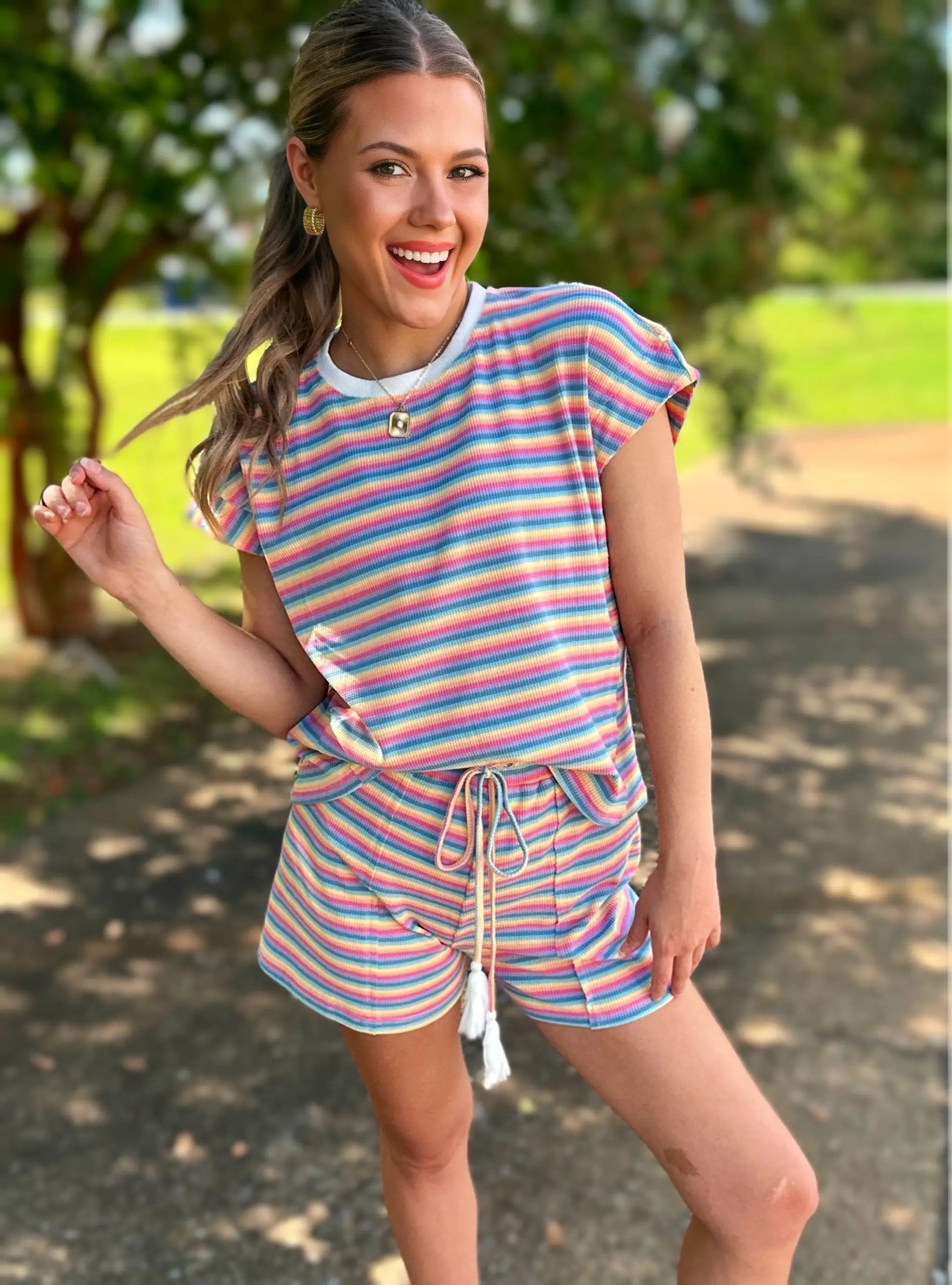 Grateful Threads Boutique Summer Stripes Lounge Set – Tee & Tassel Shorts - Outfit Sets