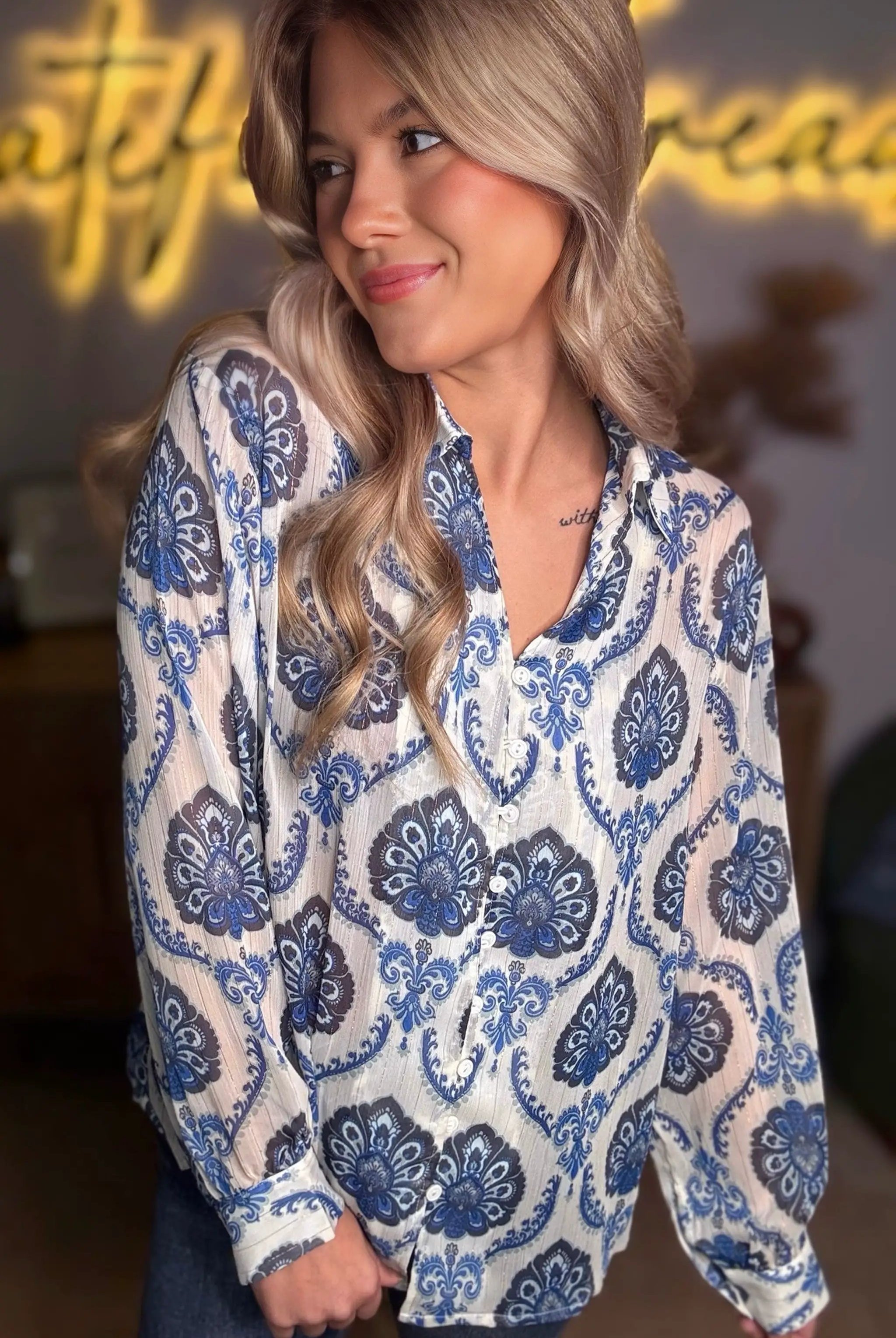 Grateful Threads Boutique Indigo Medallion Boho Button-Down Blouse - Blouses Blue Tribal Pattern Buttoned Front Loose Shirt