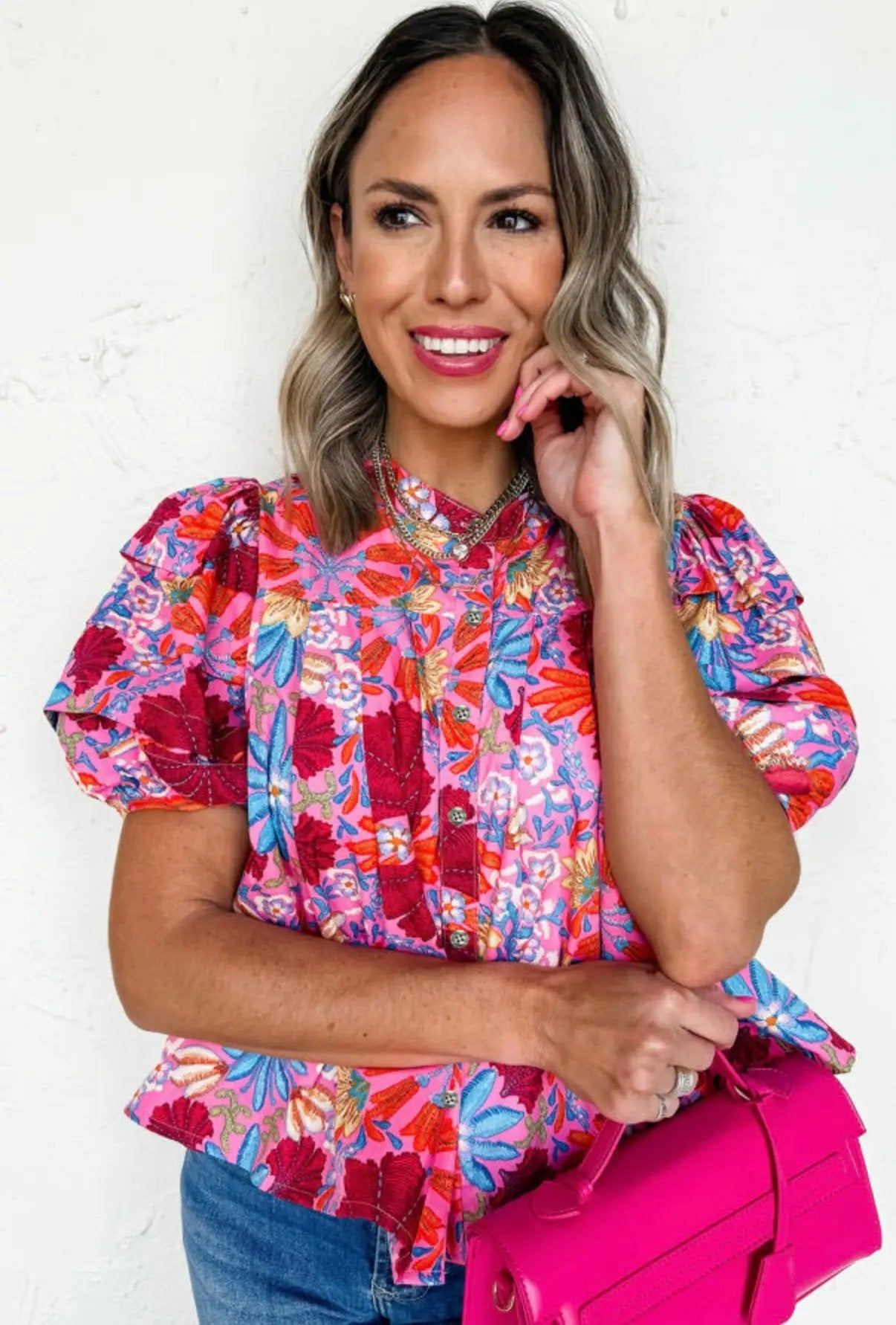 Grateful Threads Boutique Tropical Tango Bubble Sleeve Button-Up Pleated Top - Blouses