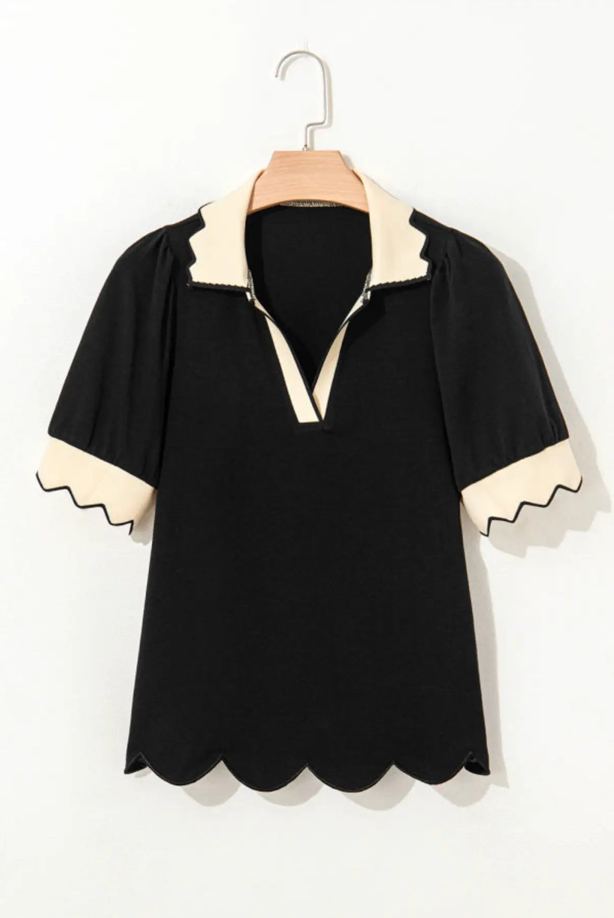 Grateful Threads Boutique Black Color Contrast Collared V-Neck Puff Sleeve Blouse - Blouses Black Color Contrast Collared V Neck Puff Sleeve