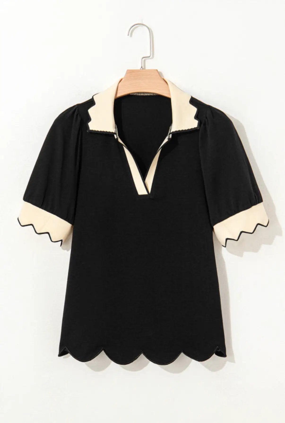 Grateful Threads Boutique Black Color Contrast Collared V-Neck Puff Sleeve Blouse - Blouses Black Color Contrast Collared V Neck Puff Sleeve