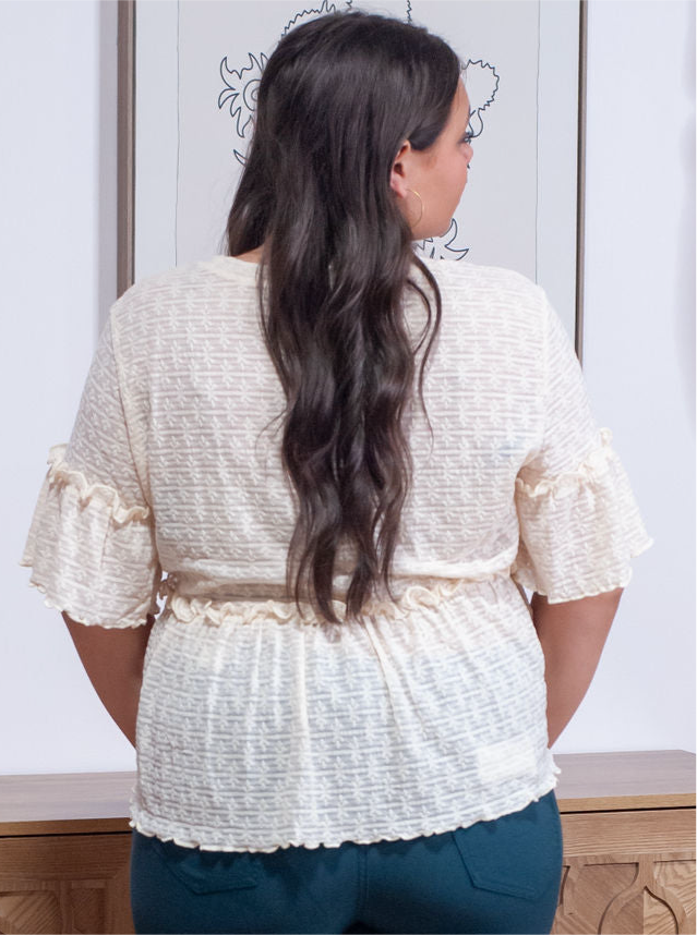 Grateful Threads Boutique Beige Lace Ruffled Peplum Blouse – Feminine, Flirty & Versatile - Blouses