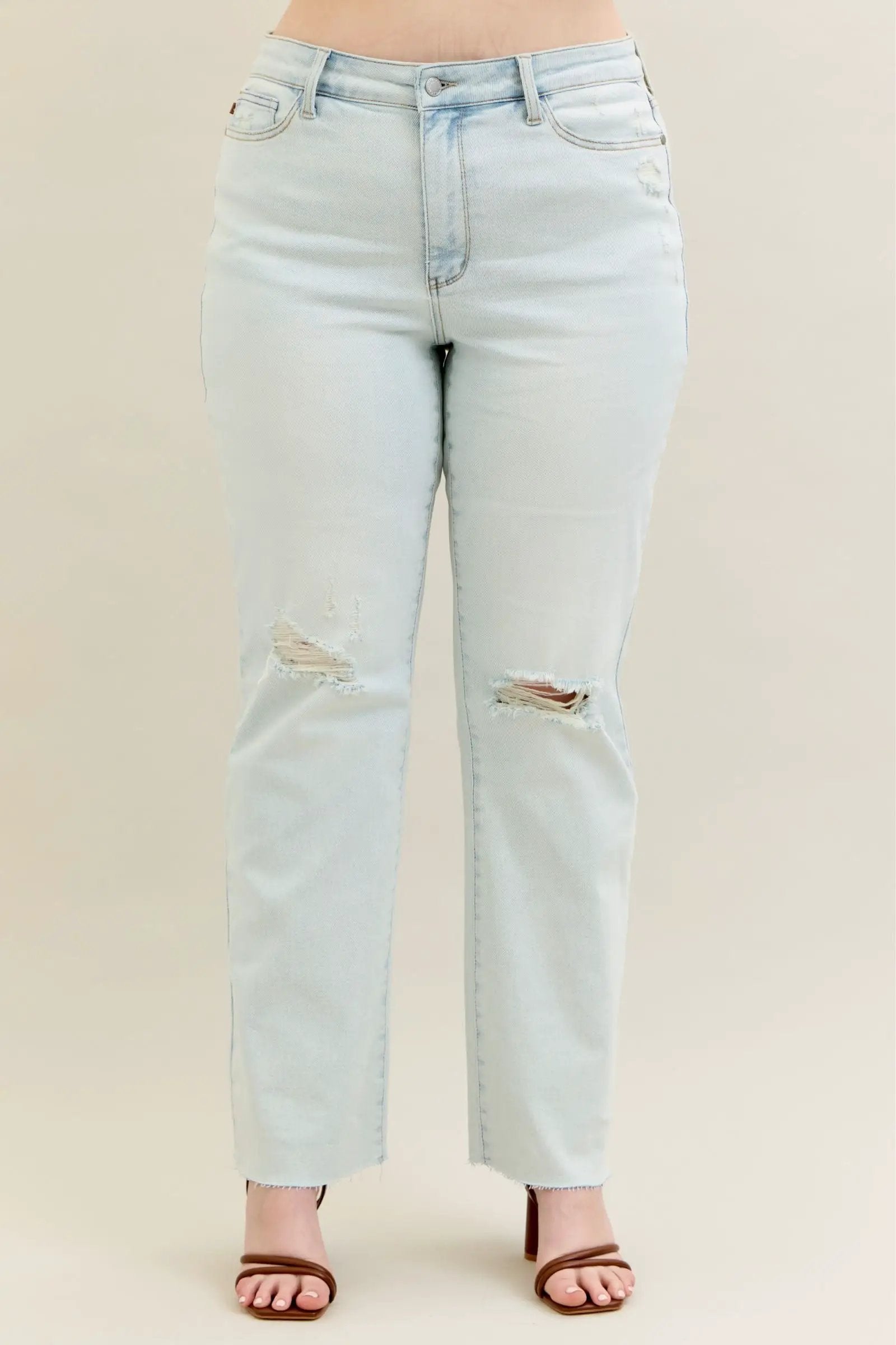 Judy Blue Judy Blue Destroy & Fray Hem Light Wash Bootcut Curvy Denim Jean - Jeans Judy Blue PLUS Destroy & Fray Hem Bootcut