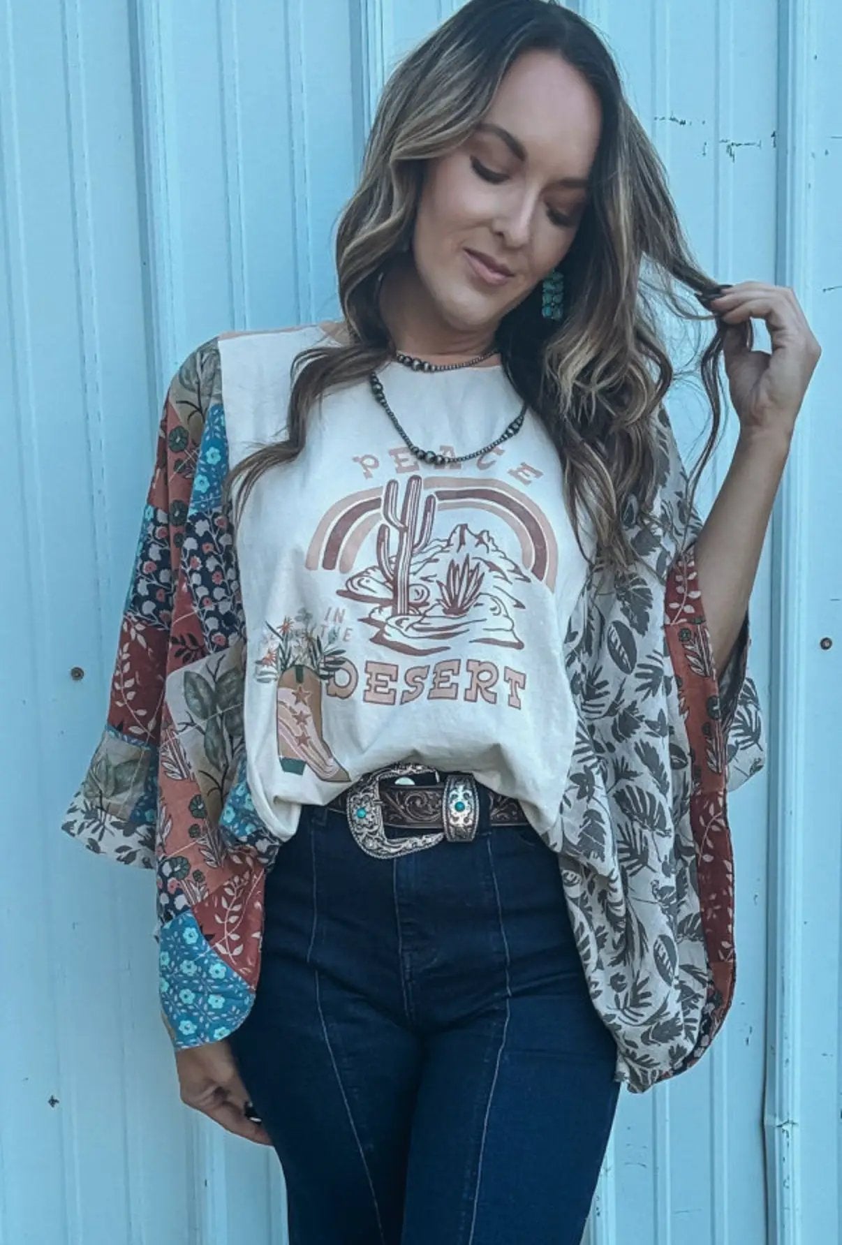 Grateful Threads Boutique Multicolor Asymmetric Printed Patchwork Sleeve Peace Desert Graphic Top - T-Shirts Multicolour Asymmetric Printed Patchwork Sleeve Peace Desert Graphic Top