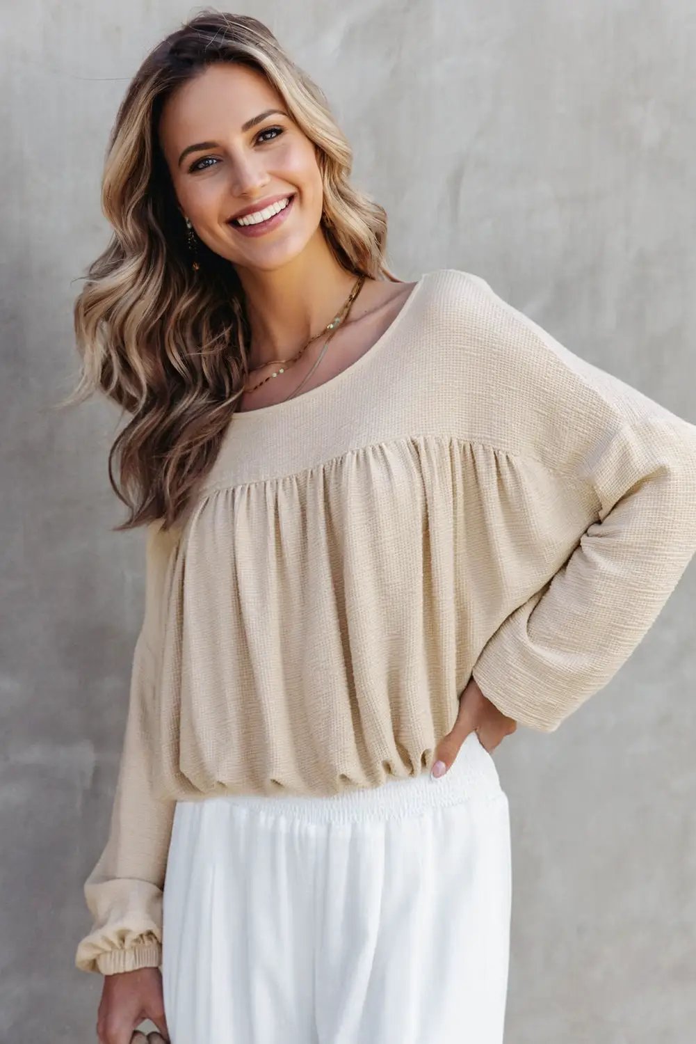 Grateful Threads Boutique Driftwood Dreams Drop Shoulder Top - Sweaters Jet Stream Textured Pleated Drop Shoulder Long Sleeve Knit Top