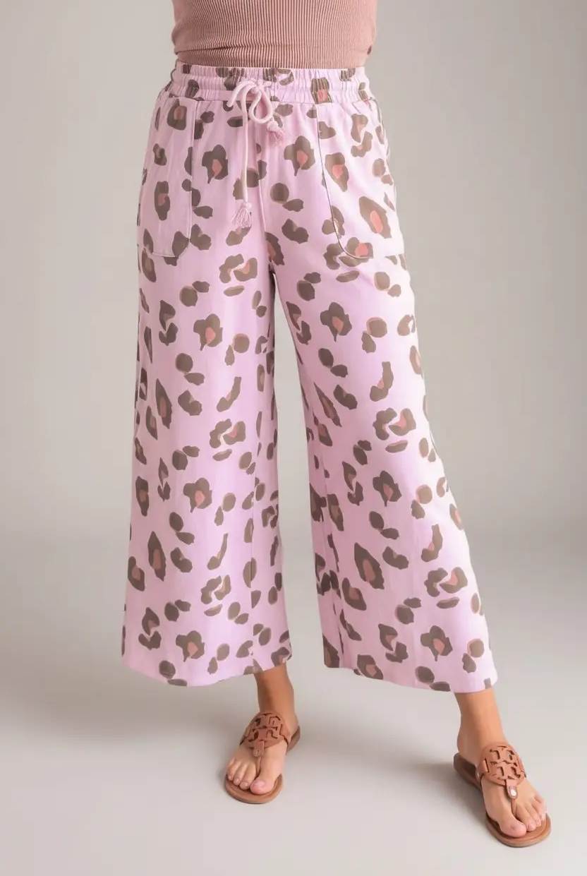 Grateful Threads Boutique Pink Drawstring Leopard Print Patch Pocket Loose Pants - Pants Pink Drawstring Leopard Print Patch Pocket Loose Pants