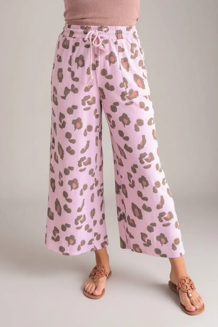 Grateful Threads Boutique Pink Drawstring Leopard Print Patch Pocket Loose Pants - Pants Pink Drawstring Leopard Print Patch Pocket Loose Pants