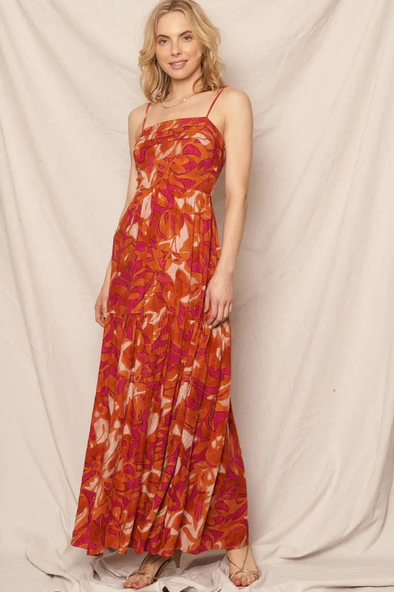 En Crème En Crème Spaghetti Strapped Back Smocked Print Maxi Dress in Burnt Orange - Dresses