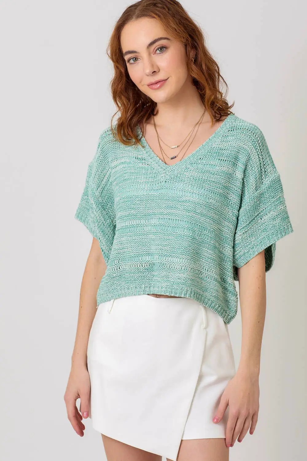 Mystree Mystree - Pistachio Melange Relaxed Sweater - Sweaters