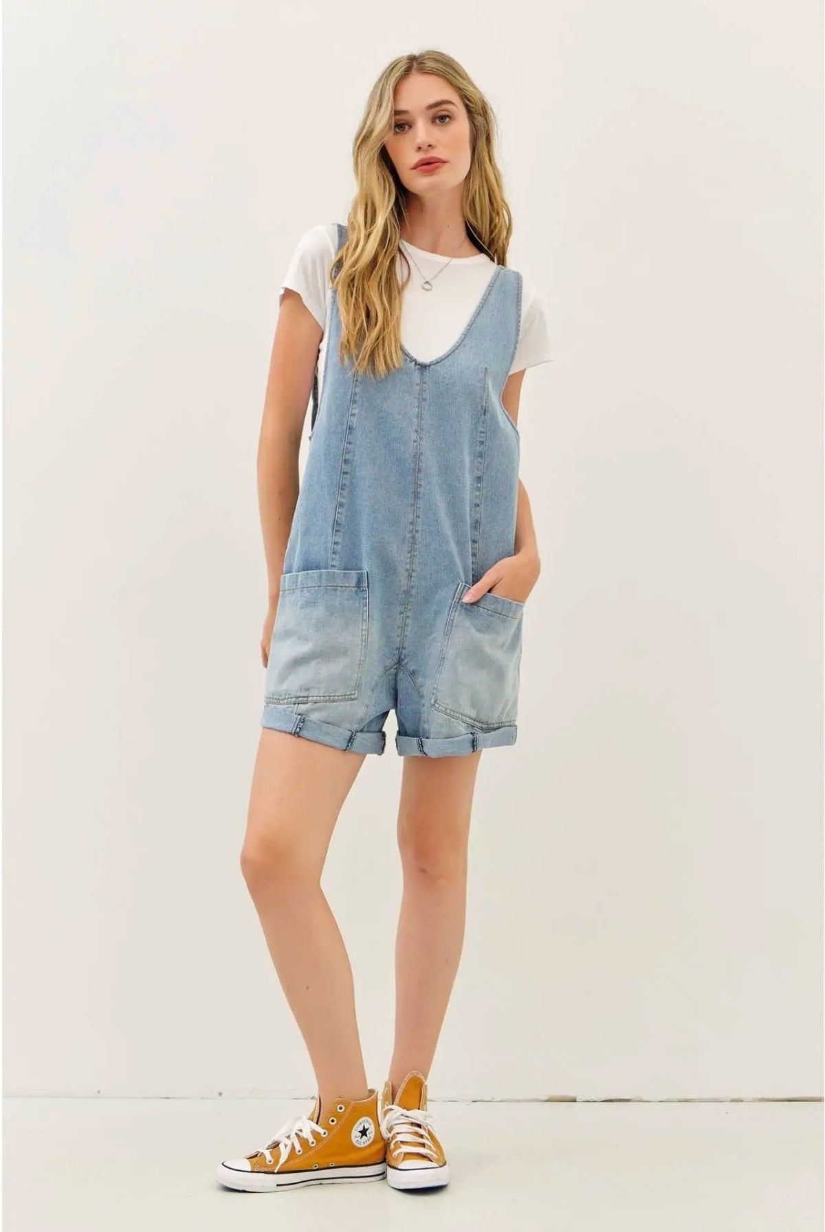 idem ditto RELAXED FIT WASHED DENIM ROMPER WITH FRONT POCKETS - One-Pieces