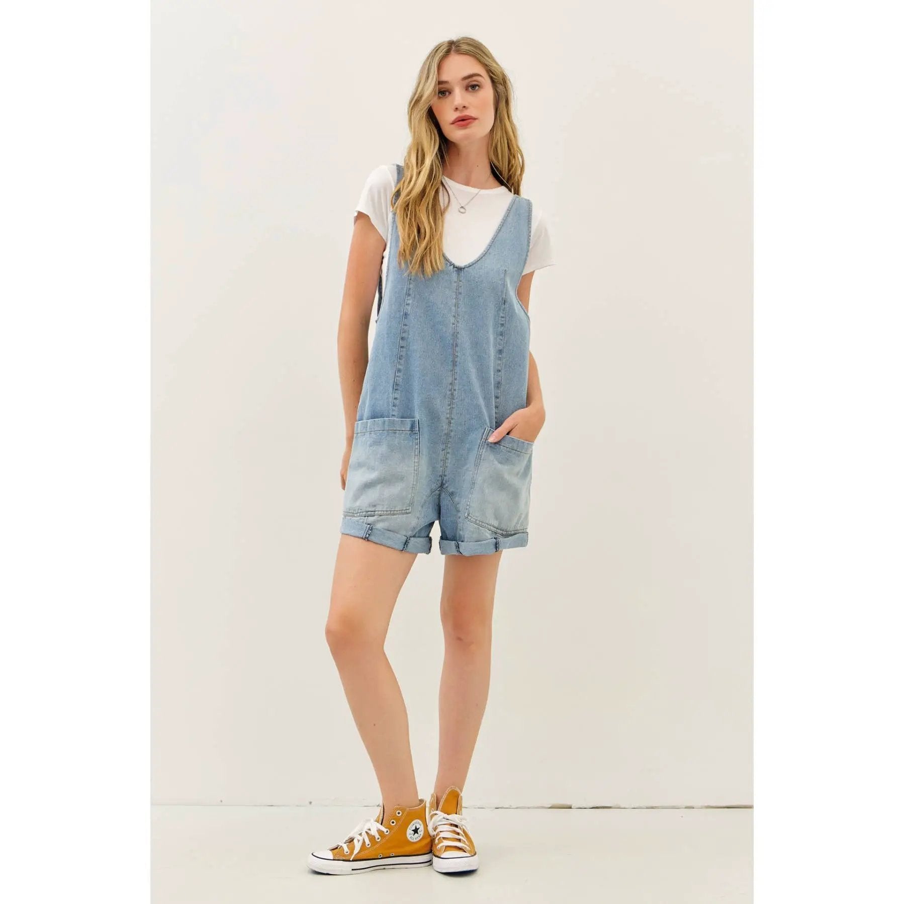 idem ditto RELAXED FIT WASHED DENIM ROMPER WITH FRONT POCKETS - One-Pieces
