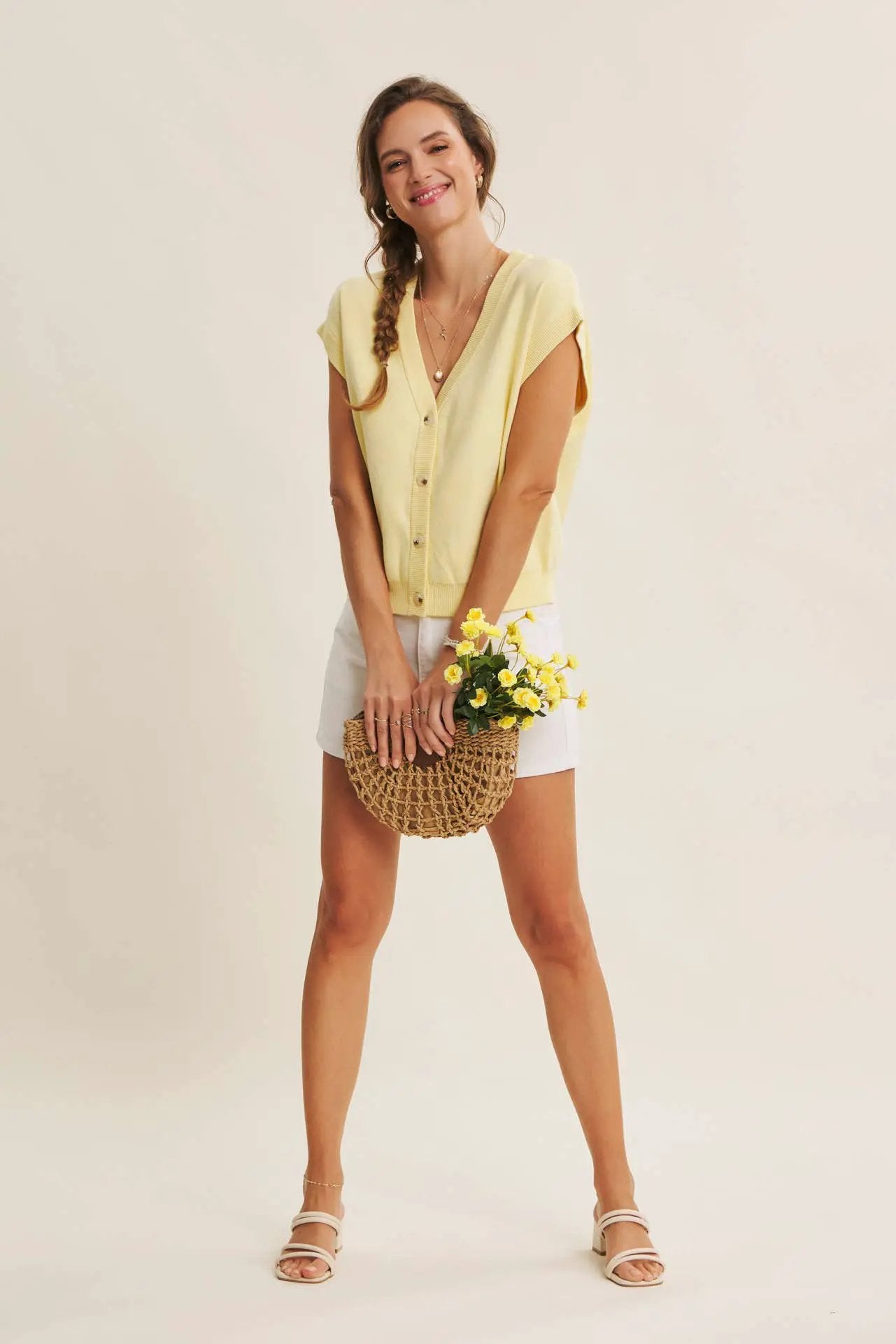in february Multi-Way Versatility Soft Cotton Button-Down Sweater Vest: Banana Cream - Dresses