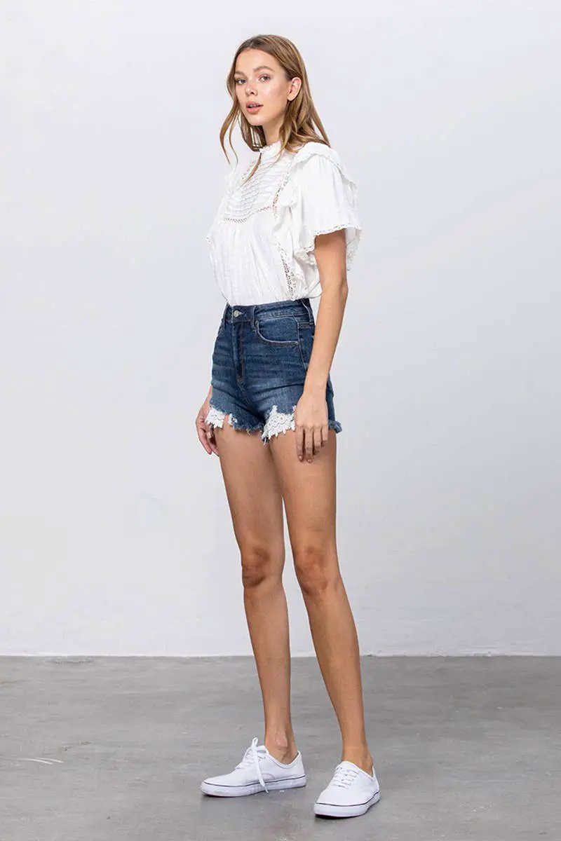 Insane Gene USA The Frayed Hem Lace Trim Snatched Shorts - Denim Shorts shorts