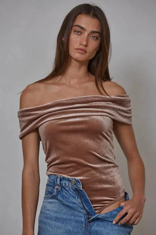 By Together Woven Polyester Spandex Velvet Fold over Bodysuit in Dusty Rose - Bodysuits Bodysuits