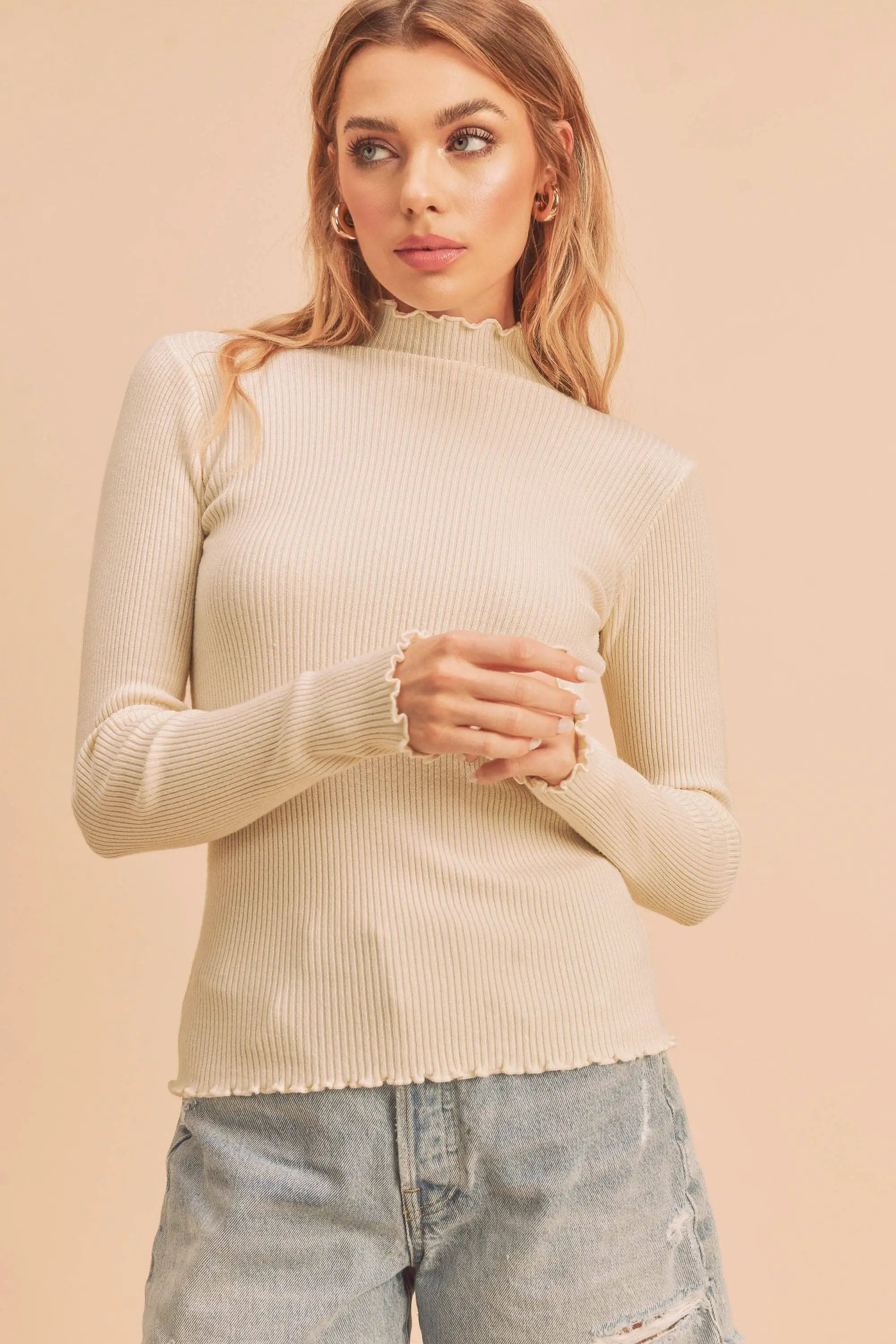 AEMI + CO AEMI + CO - Marcey Mock Neck Knit Sweater: Oat - Sweaters