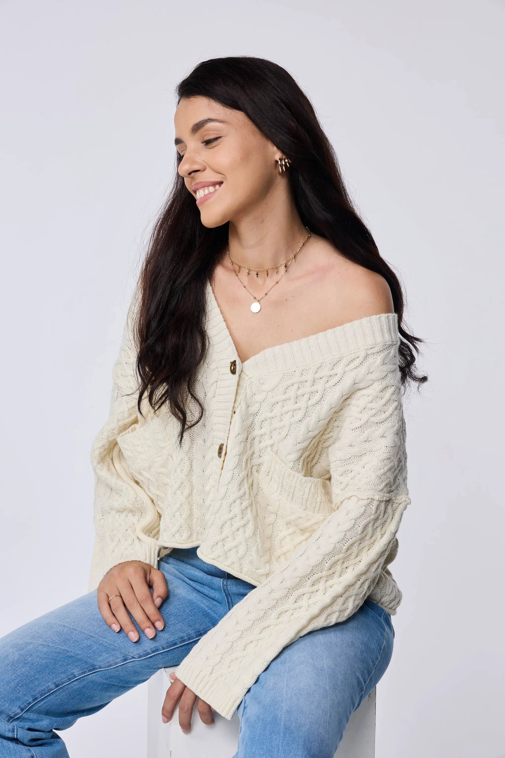 Lovesoft Lovesoft - 100% Acrylic Relaxed Cozy Cable Knit Cardigan - Apricot - Cardigans