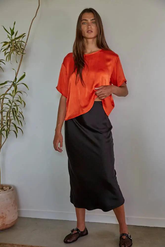 By Together Woven Cupro Viscose Rayon Short Sleeve Top in Red Orange - Blouses