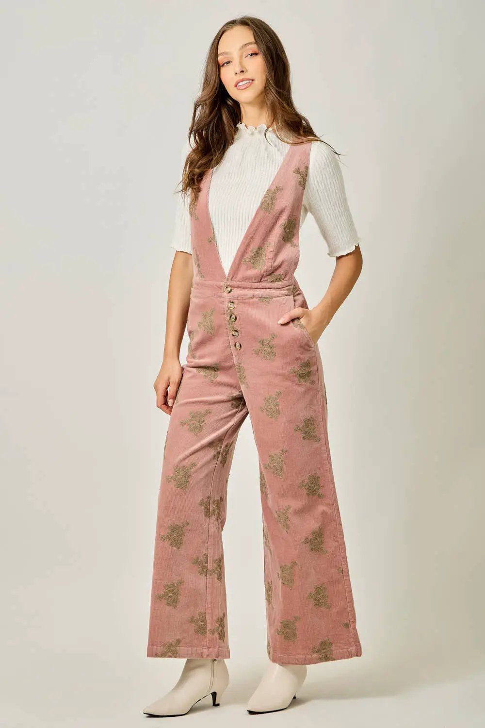 Mystree The Blushing Beauty Embroidered Corduroy Jumpsuit - One-Pieces