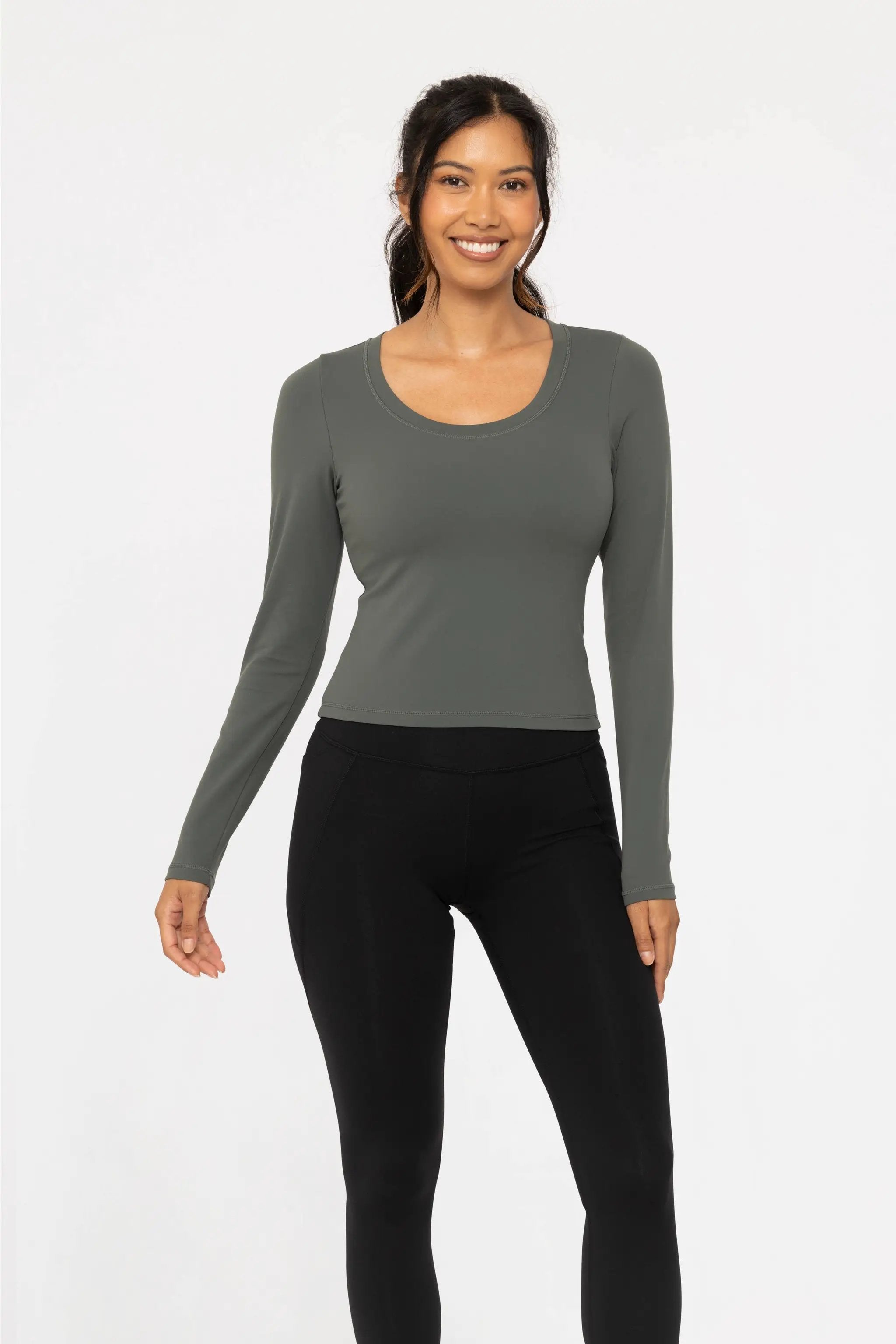 Mono B Mono B - Scoop Neck Active Long Sleeve in Urban Grey - Activewear Tops Mono B - Scoop Neck Active Long Sleeve: URBAN GREY