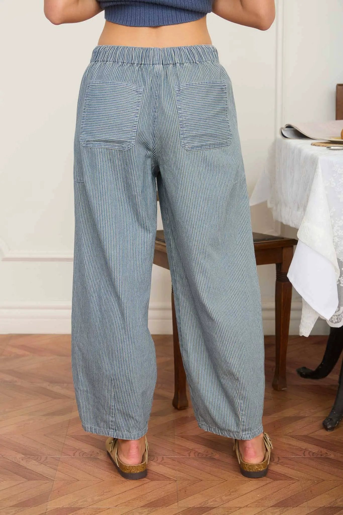 Blu Pepper Blu Pepper High-Waist Stripe Denim Parachute Pants with Drawstring Tie - Pants