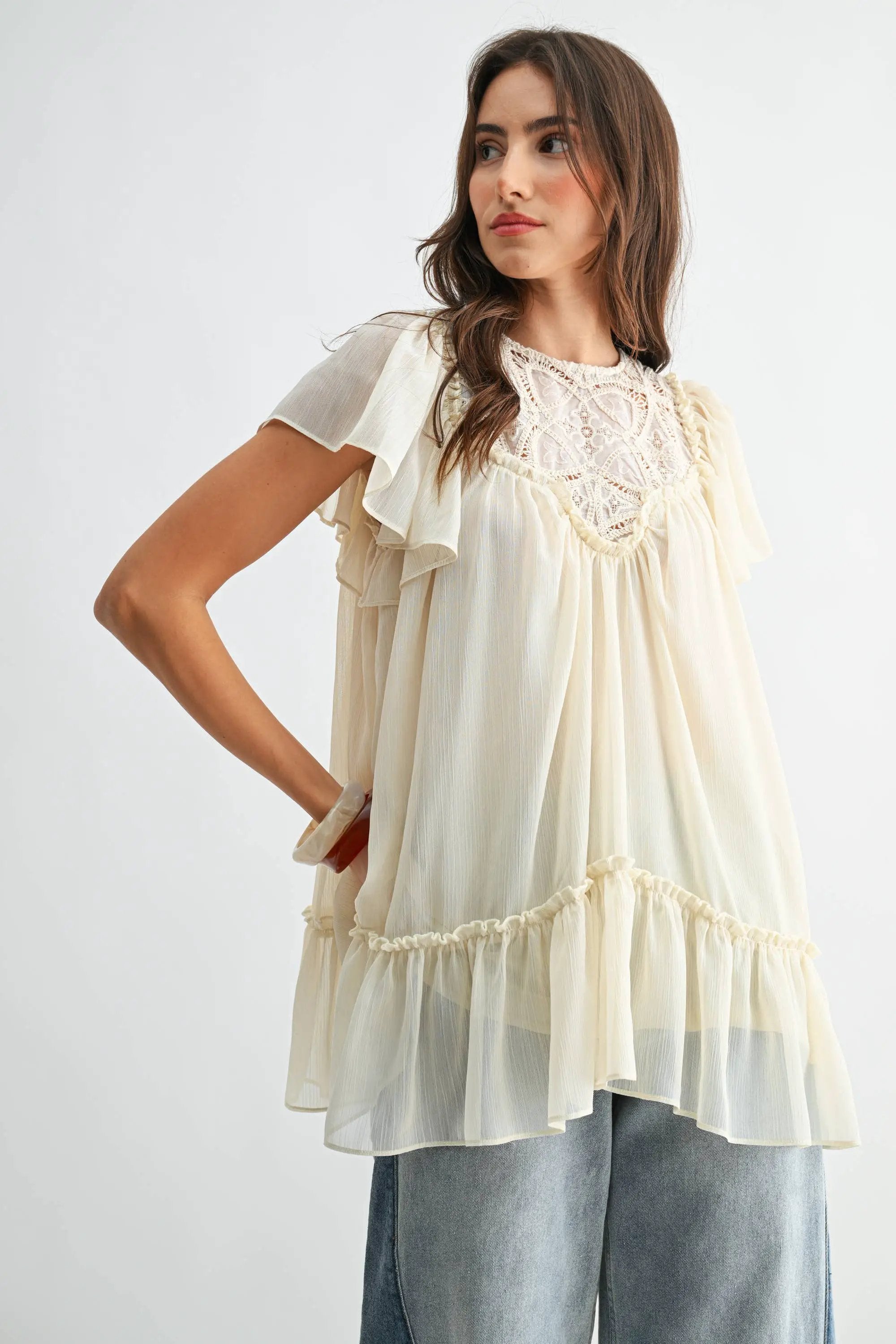 Camellia The Sheer Lace Yoke Ruffle Sleeve Blouse: CREAM - Blouses