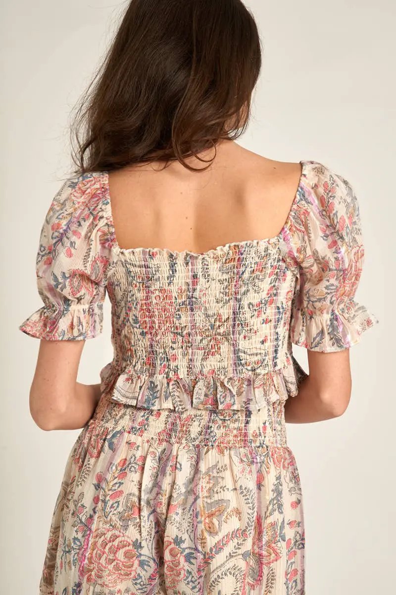 En Crème En Crème Ivory Pink & Blue Puff Sleeve Front Tie Ruffle Top - Clothing Tops