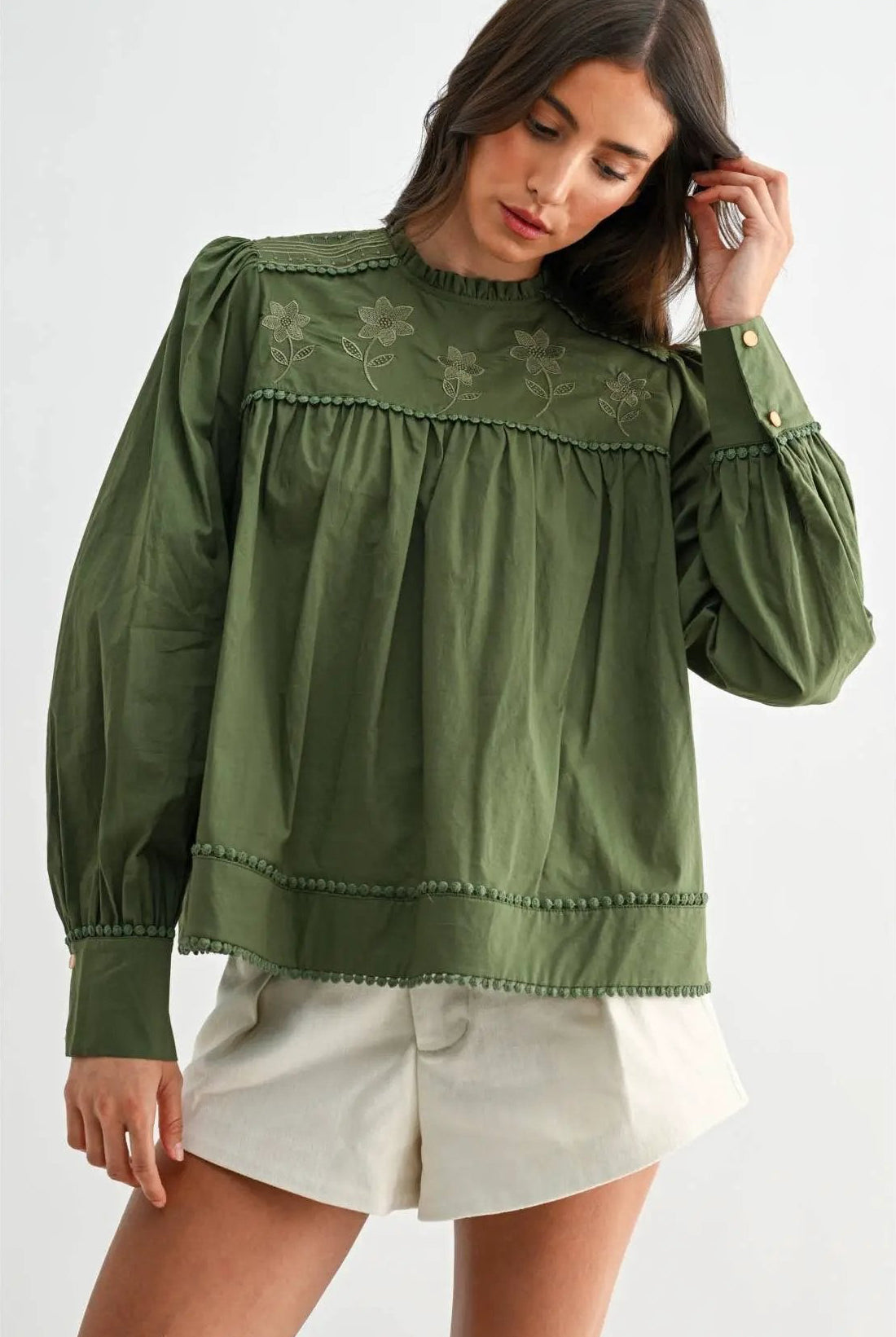 Camellia Camellia - EMBROIDERED OLIVE PUFF SLEEVE BLOUSE WTIH TRIM: OLIVE GREEN / S-M-L(3-2-1) -