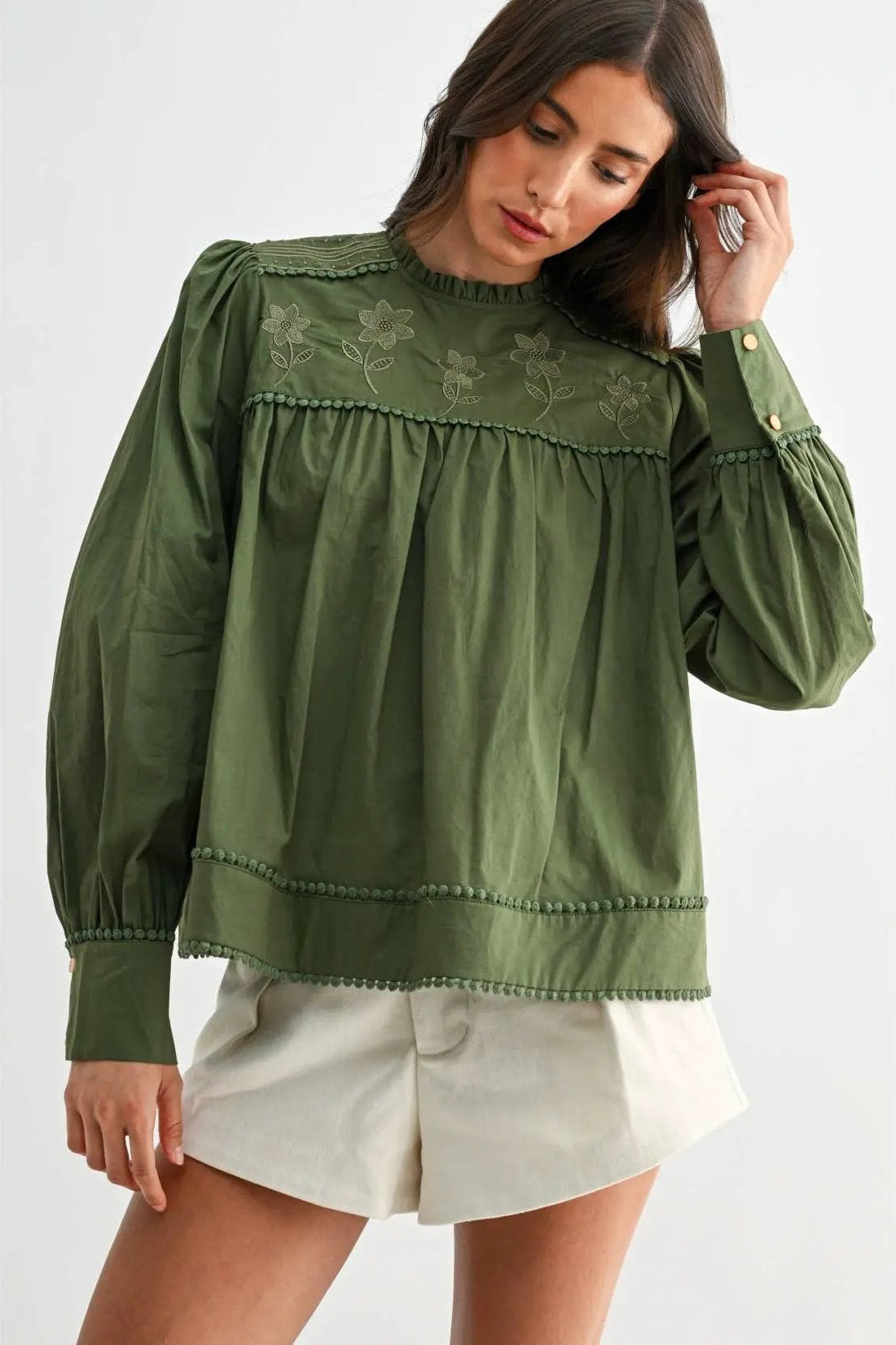 Camellia Camellia - EMBROIDERED OLIVE PUFF SLEEVE BLOUSE WTIH TRIM: OLIVE GREEN / S-M-L(3-2-1) -