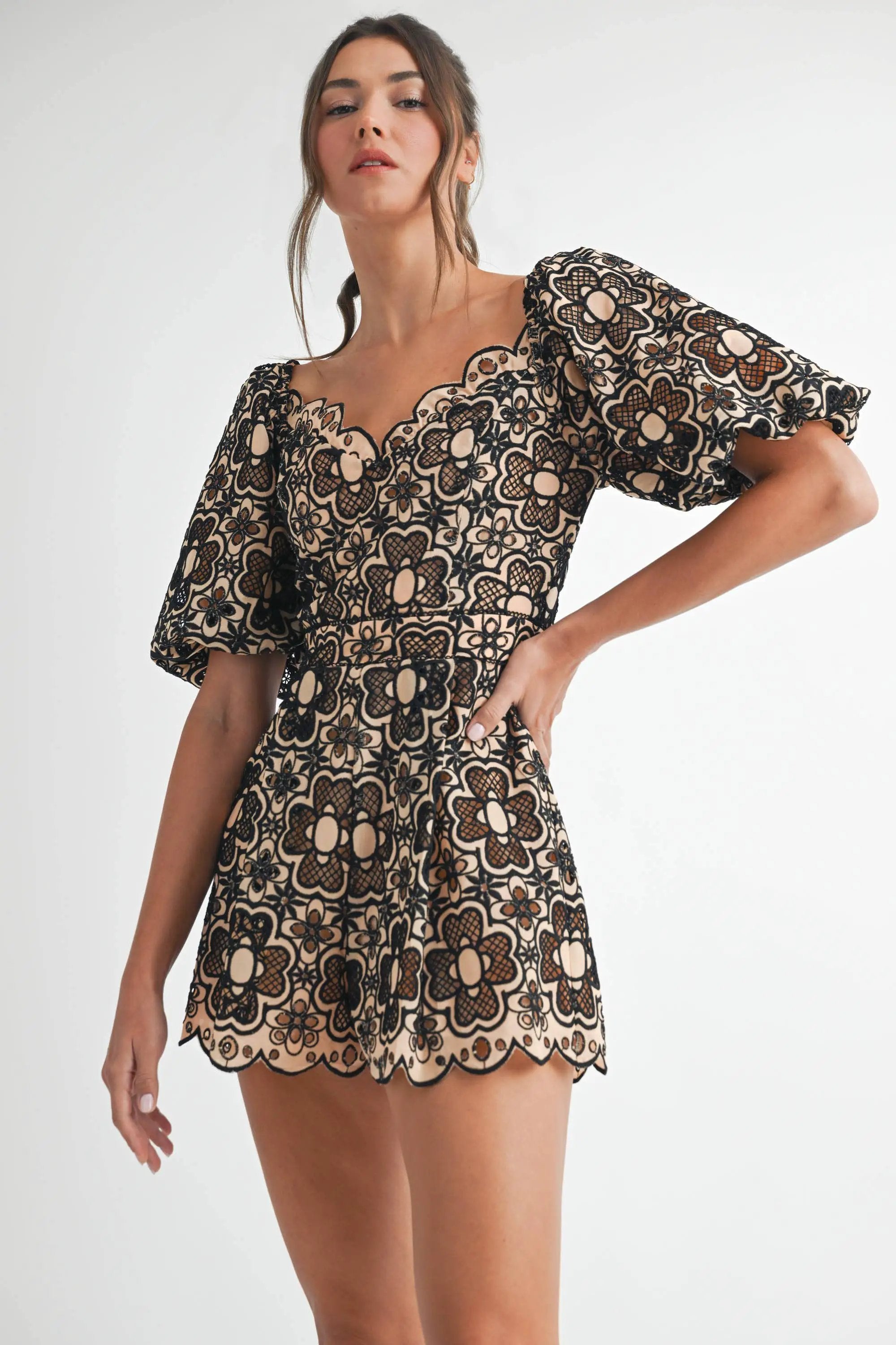 Endless Blu Endless Blu Taupe and Black Crochet Short Sleeve Romper - One-Pieces