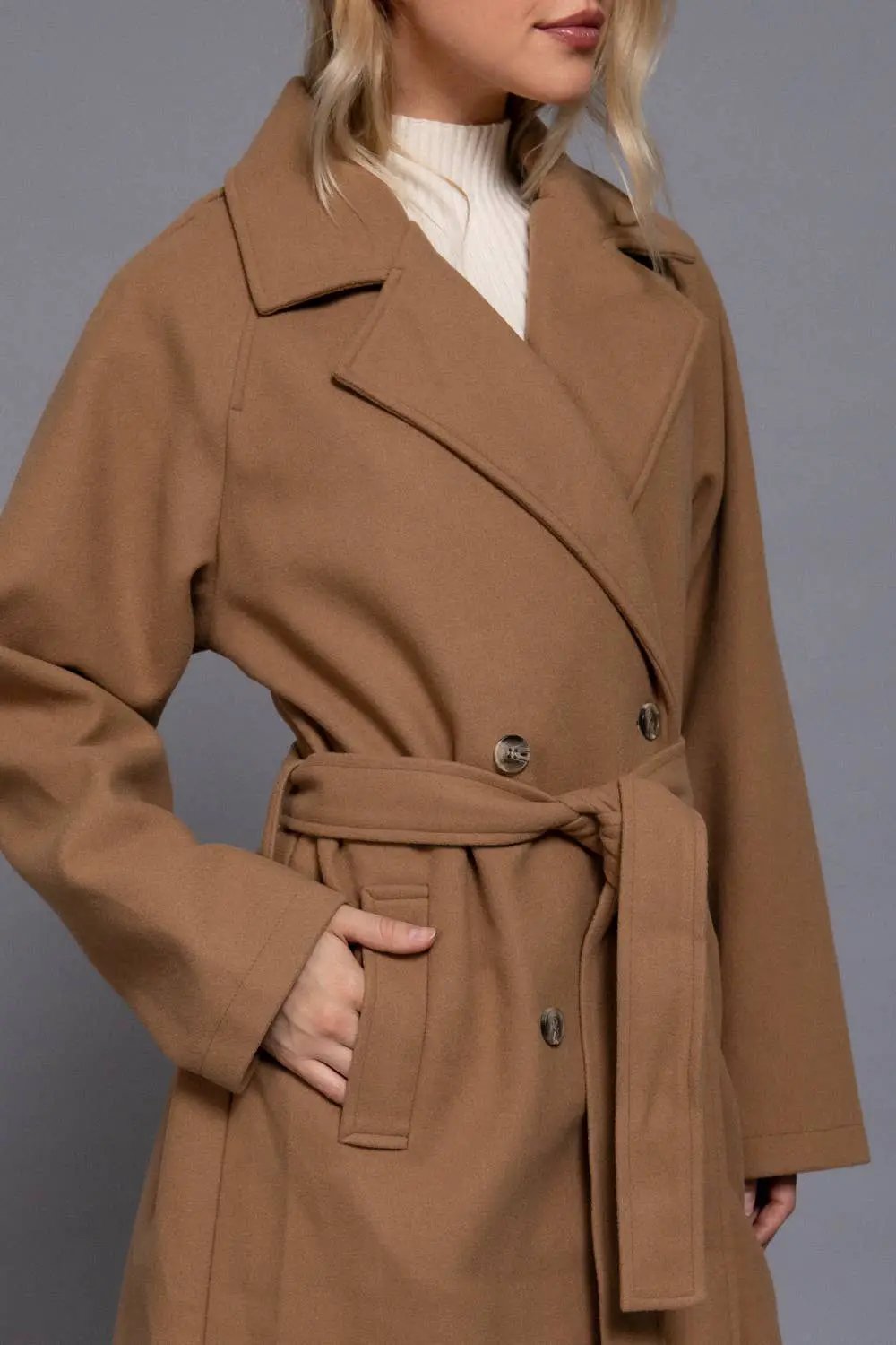 Active Basic | Active USA Active Basic | Active USA - Long Sleeve Double Breasted Button Soft Felt Trench Coat in Camel - Trench Coats Long Sleeve Double Breasted Button Soft Felt Trench Coat