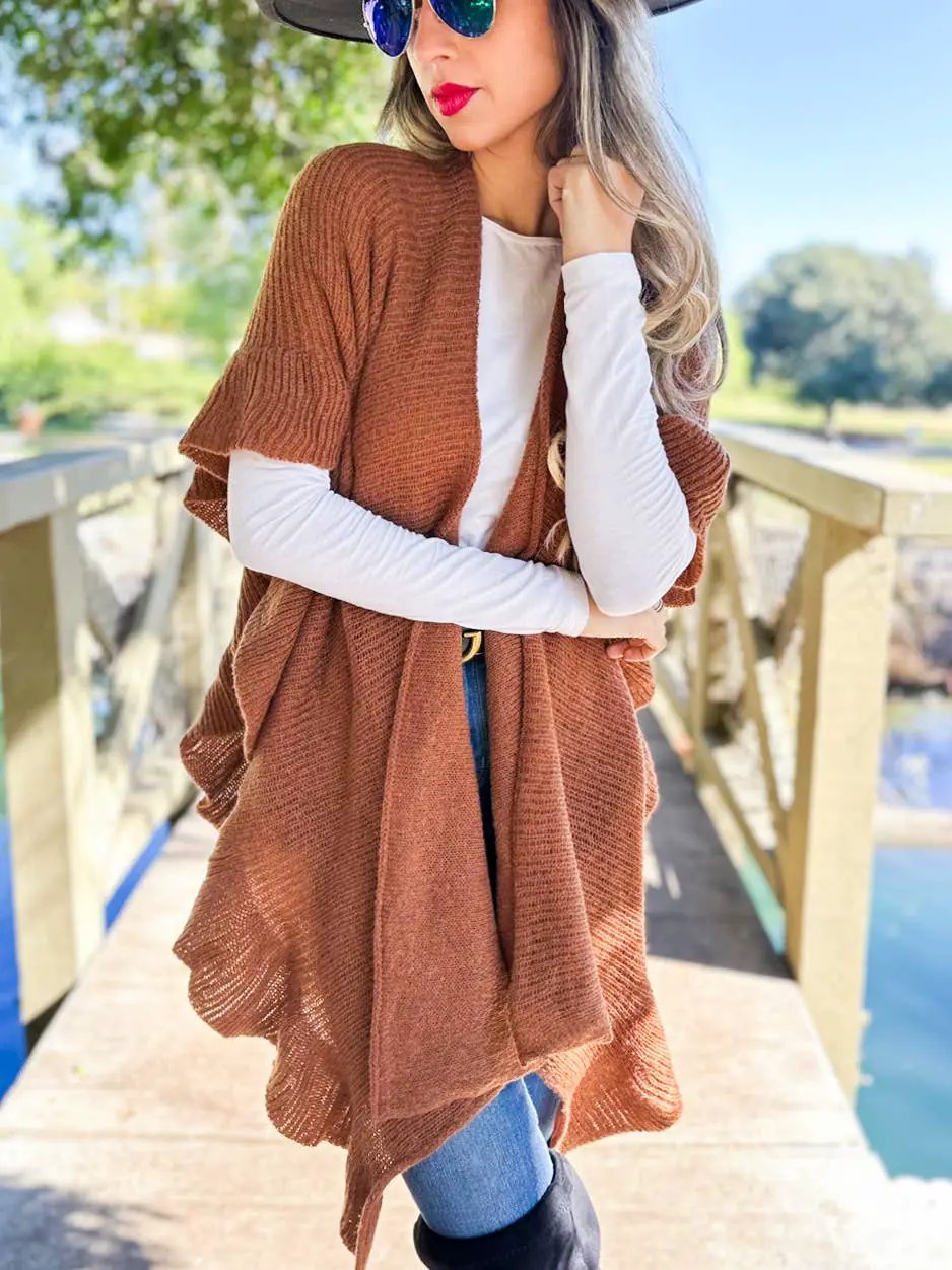 AMOLI The Soft Brown Ruffle Detail Open Front Lightweight Ruana Shawl - Scarves & Shawls