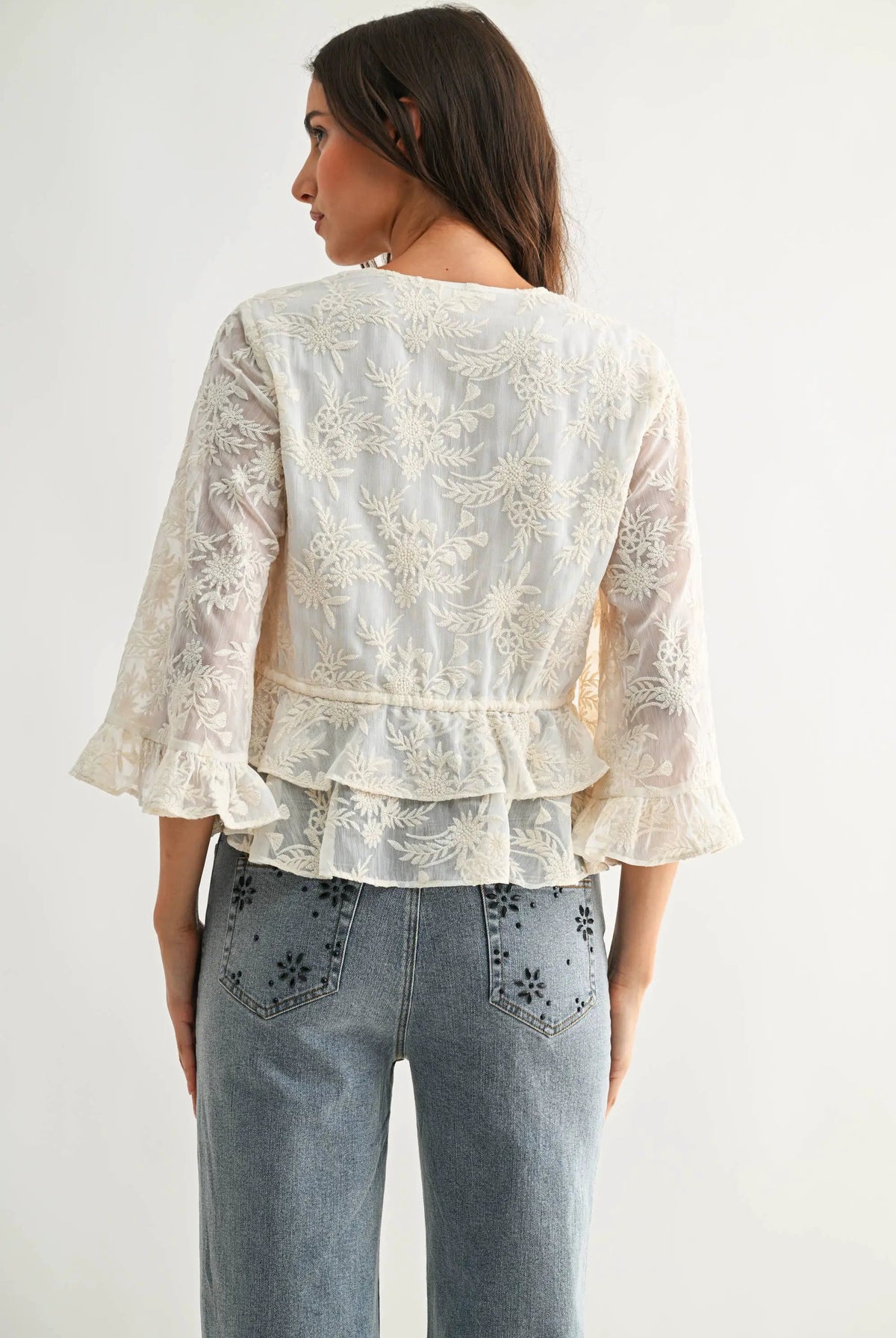 Camellia The Boho Embroidered Sheer Flowy Bell Sleeve Blouse: CREAM - Blouses