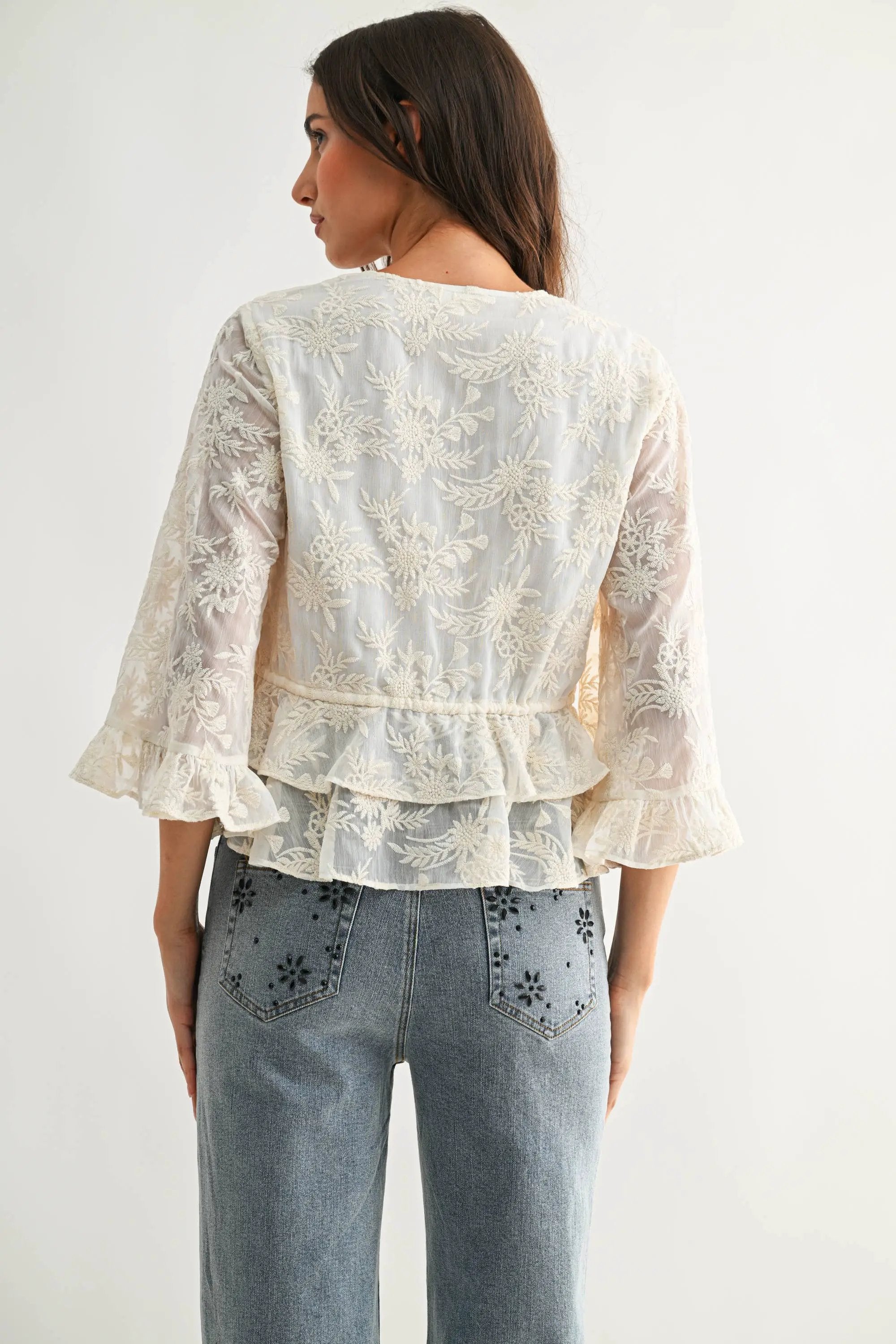 Camellia The Boho Embroidered Sheer Flowy Bell Sleeve Blouse: CREAM - Blouses