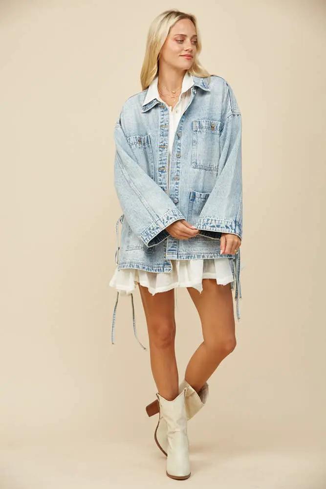 WISTERIA LANE Wisteria Lane - Free Spirit Side-Tie Oversized Light Wash Denim Jacket - Coats & Jackets