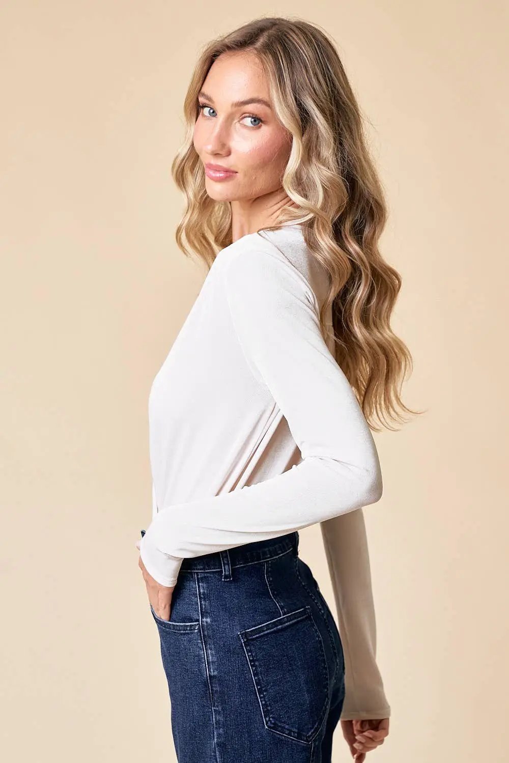 WISTERIA LANE Wisteria Lane - Soft Blush Slinky Surplice Long Sleeve Bodysuit - Bodysuits
