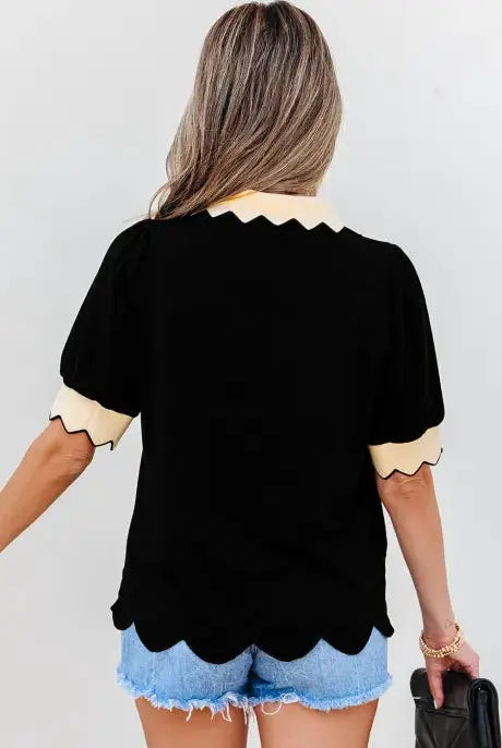 Grateful Threads Boutique Black Color Contrast Collared V-Neck Puff Sleeve Blouse - Blouses Black Color Contrast Collared V Neck Puff Sleeve
