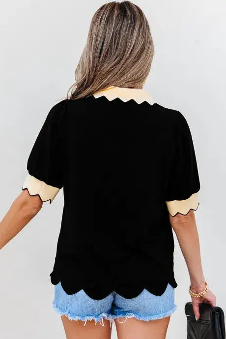 Grateful Threads Boutique Black Color Contrast Collared V-Neck Puff Sleeve Blouse - Blouses Black Color Contrast Collared V Neck Puff Sleeve