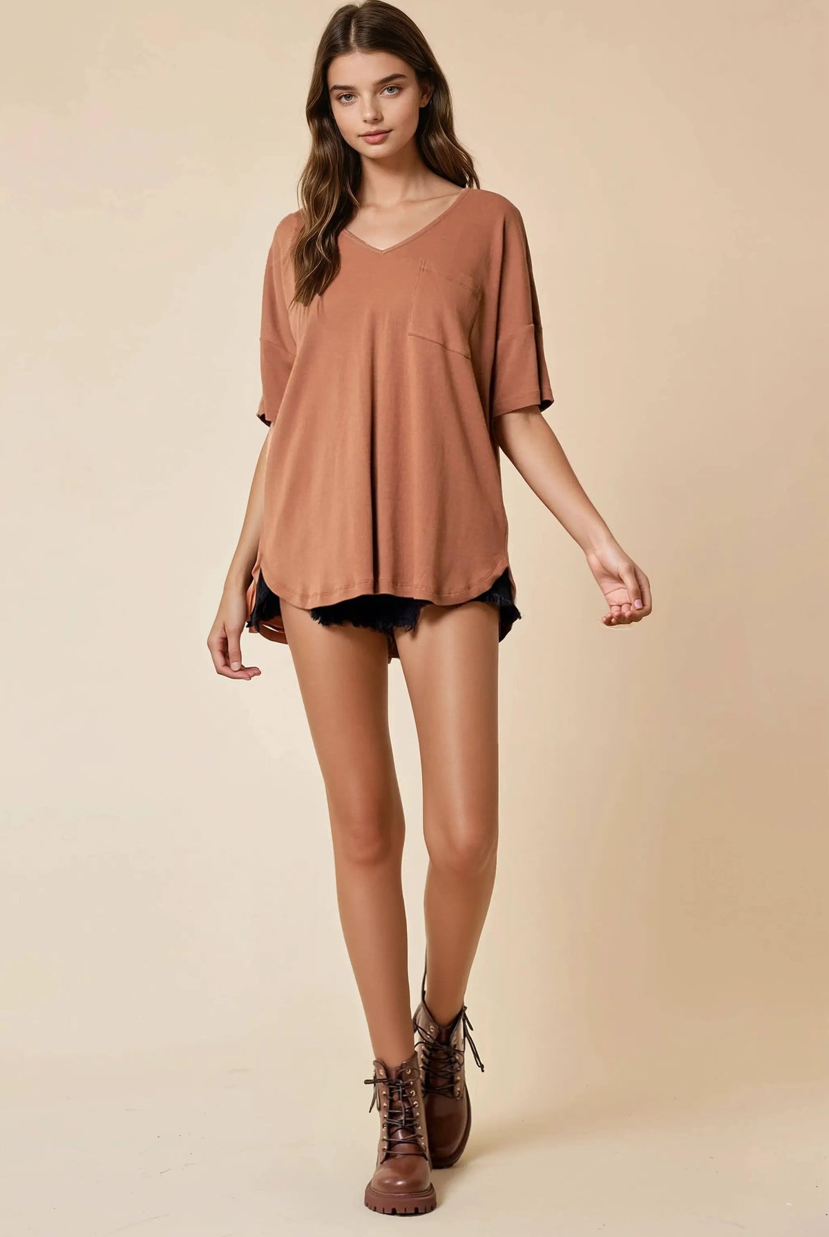 Doe and Rae The Oversized V-Neck Knit Top: Honey Brown - T-Shirts
