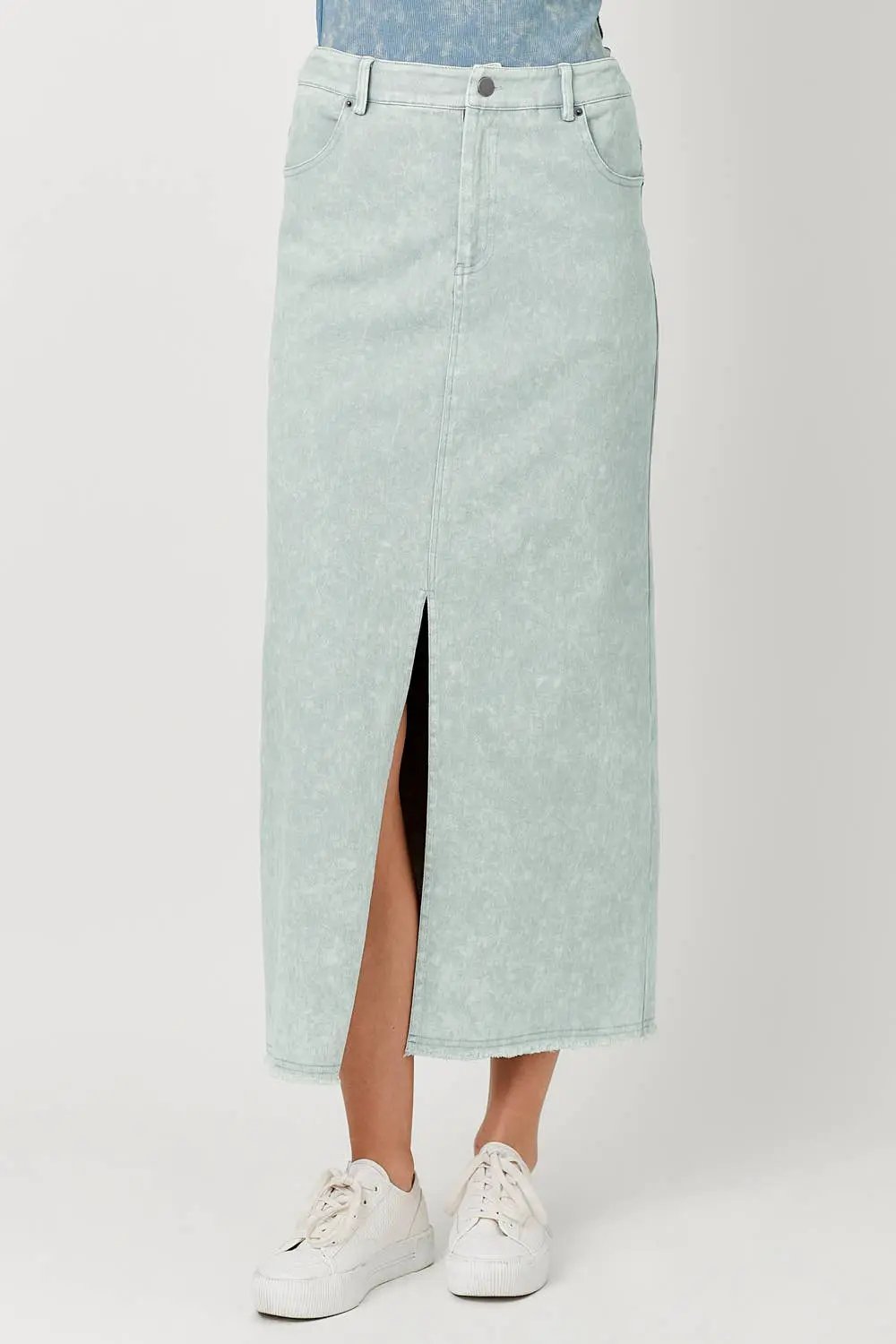 Mystree Mystree - Coastal Cool Ice Blue Washed Front Slit Midi Skirt - Skirts